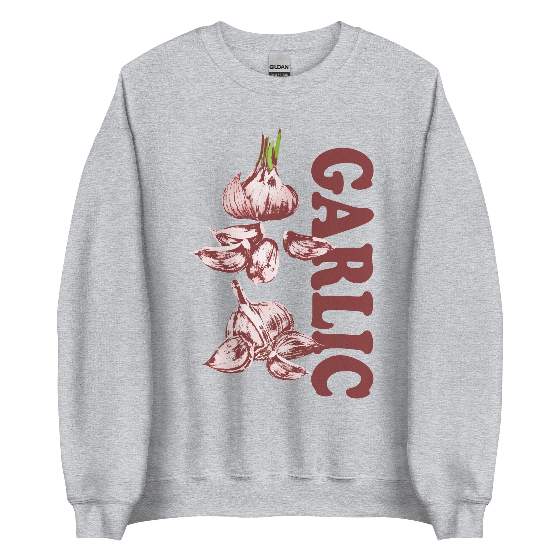 Light Gray Garlic Sweatshirt from Nina's Funky Shop by ninanush - Love garlic? Looking for a funky gift for garlic lovers? Our Garlic Crewneck Sweatshirt is soft, comfortable and just what you need. It's a unisex sweatshirt with a unique, hand drawn garlic design expertly printed on the front. A funny foodie sweatshirt for cozy nights in or stand out streetwear for garlic enthusiasts.