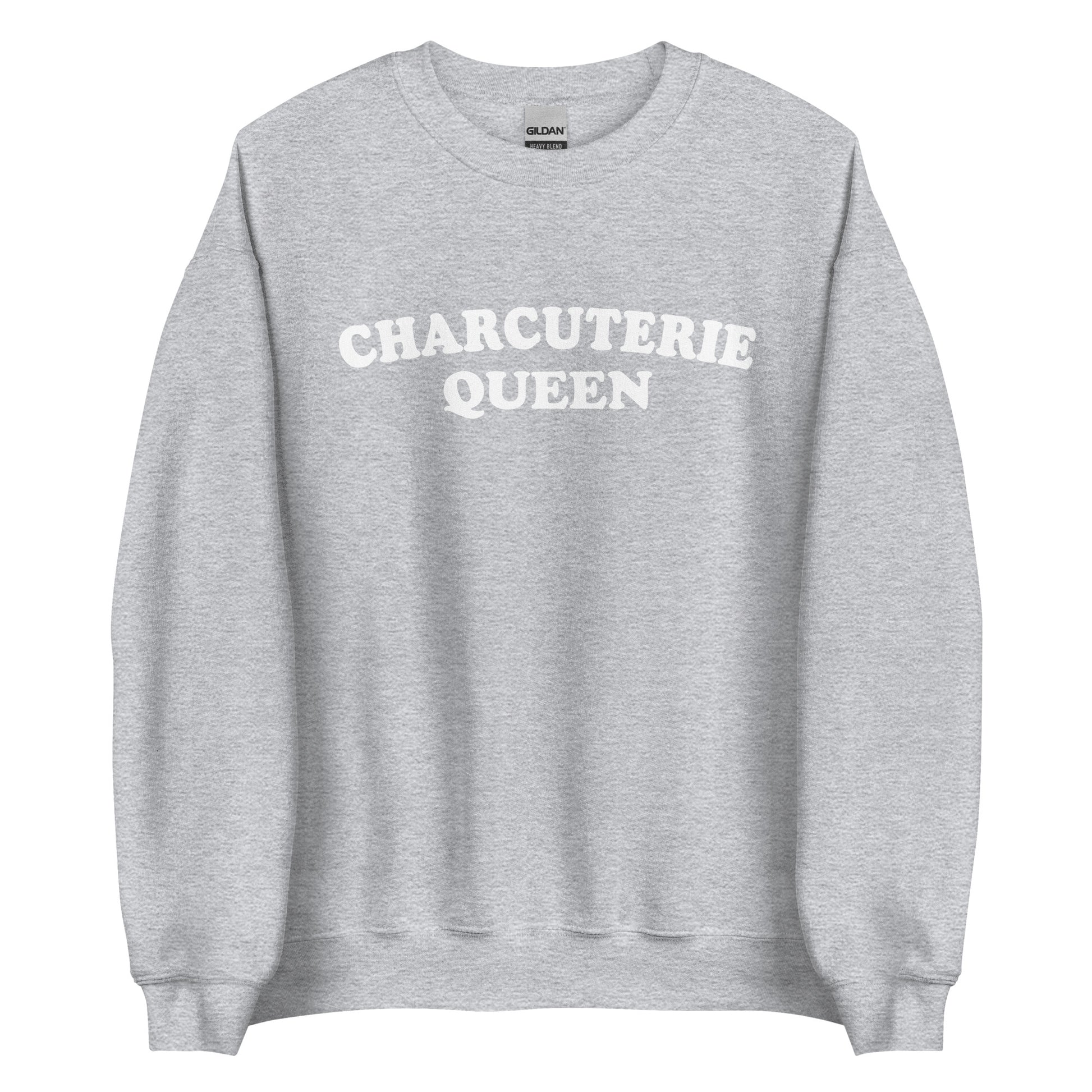 Light Gray Charcuterie Queen Crewneck Sweatshirt from Nina's Funky Shop - Love charcuterie? Looking for a funny gift for a charcuterie enthusiast? Our Charcuterie Queen Crewneck Sweatshirt is just what you need. It's a unisex sweatshirt that comes in a variety of colors with "Charcuterie Queen", expertly printed on the front. The perfect funny college style sweatshirt for charcuterie lovers.