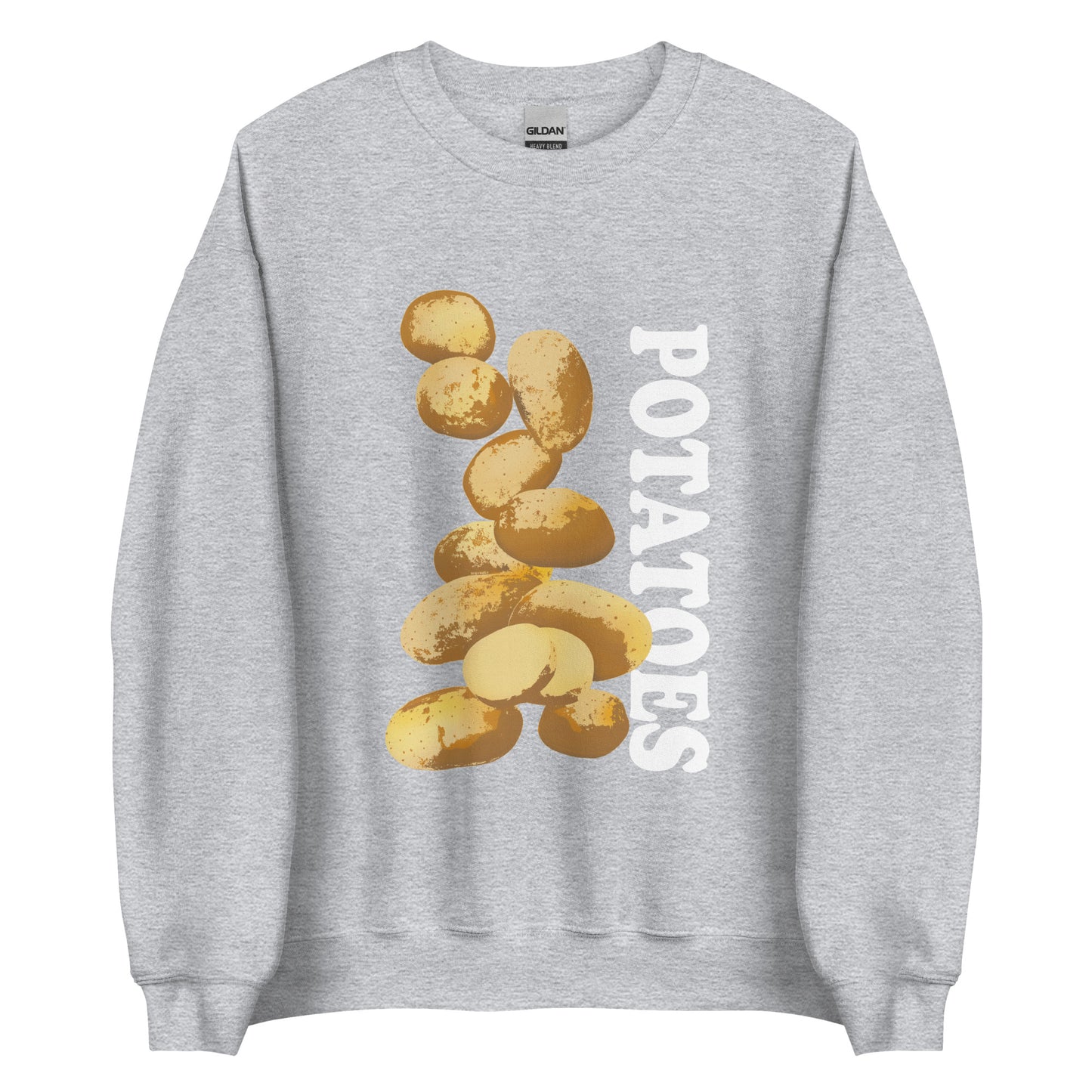 Light Gray  sweatshirt with potatoes design - Love Potatoes? Looking for a unique gift for a fellow potato enthusiast? This unisex sweatshirt is warm, super soft and cozy, and made just for you. It comes in a variety of colors with a hand drawn potatoes design by Nina, expertly printed on the front.