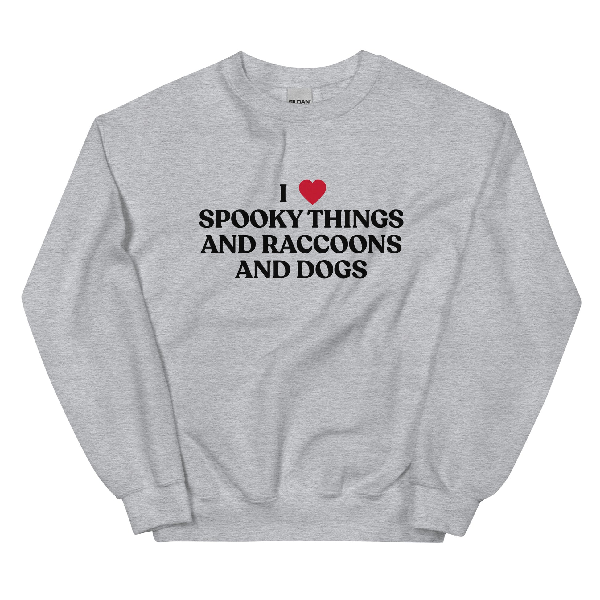 Gray Halloween Sweatshirt - Our I Heart Spooky Things Raccoons and Dogs Sweatshirt is super soft and cozy. It comes in a variety of colors with a funny spooky season saying, expertly printed on the front. Make a statement in this funny Halloween crewneck sweatshirt.