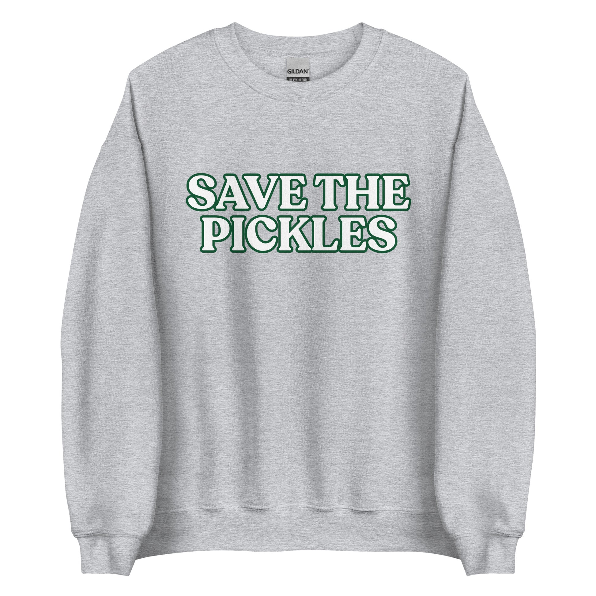 Gray Save The Pickles Sweatshirt - Love pickles? Looking for a gift for a pickle lover? Our Save The Pickles Crewneck Sweatshirt might be just what you need! It's a soft and cozy sweatshirt with a pickle design, made just for you.