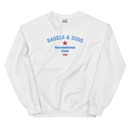 White bagels and dogs club sweatshirt from Nina's Funky Shop by ninanush - Do you love bagels and dogs? Looking for a funny gift for a friend? Our Bagels and Dogs Recreational Club Crewneck Sweatshirt is soft, comfortable and just what you need. It's a unisex sweatshirt that comes in a variety of colors with "Bagels And Dogs Recreational Club 1993", expertly embroidered on the front. 