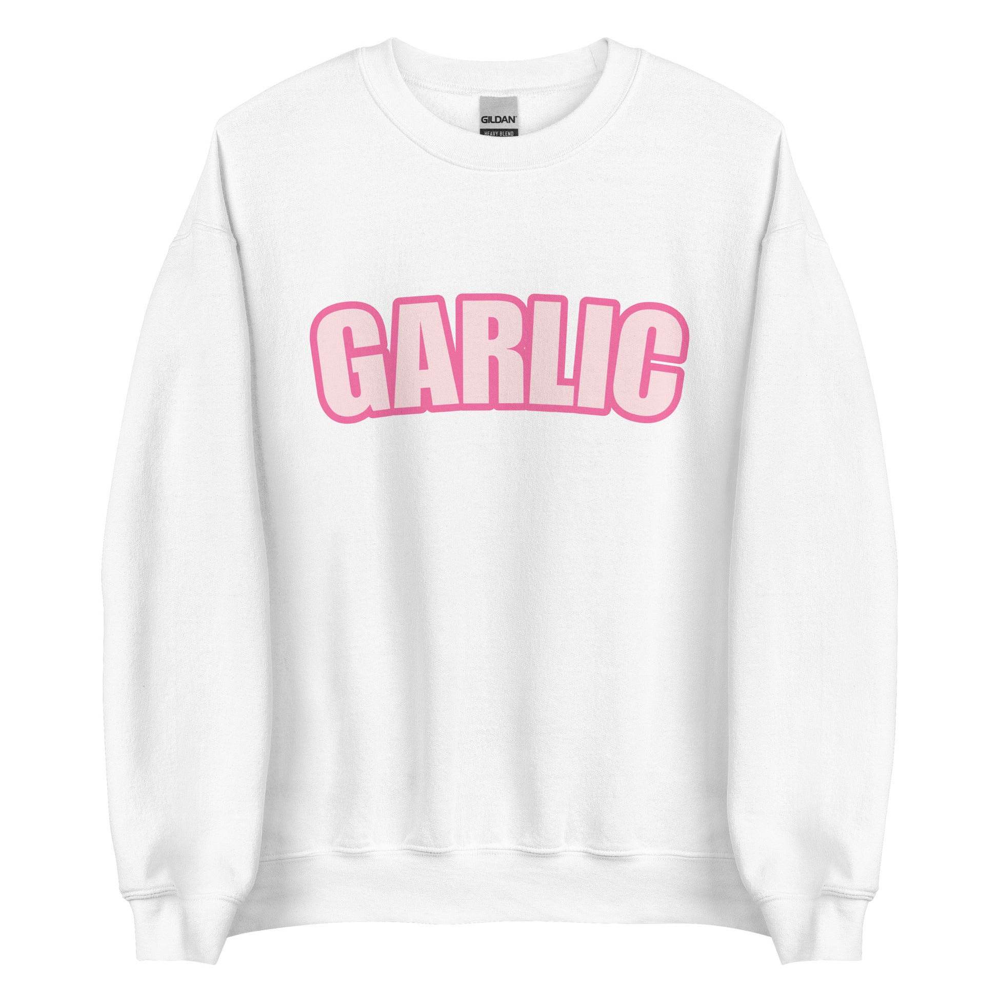 White Garlic Sweatshirt from Nina's Funky Shop by ninanush - Our Pink Garlic Sweatshirt is a perfect funny foodie sweatshirt for garlic lovers. It's a unisex, crew neck sweatshirt with the word "Garlic", expertly printed on the front. Perfect for cozy nights in or stand out streetwear for foodies, this garlic enthusiast sweatshirt is designed by Nina and made just for you.