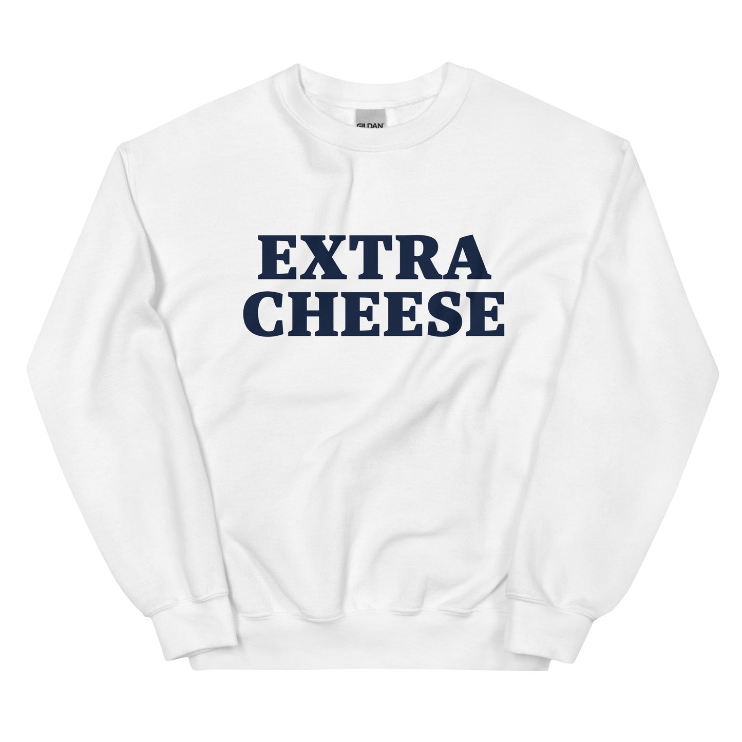 White Extra Cheese Sweatshirt from Nina's Funky Shop by ninanush - Love cheese? Want more? Make your priorities known in this Extra Cheese Sweatshirt. It's a funny foodie sweatshirt for cheese lovers. This unisex, crew neck sweatshirt comes in a variety of colors with "cheese", on the front. This college-style cheese enthusiast sweatshirt is designed by Nina and made just for you.