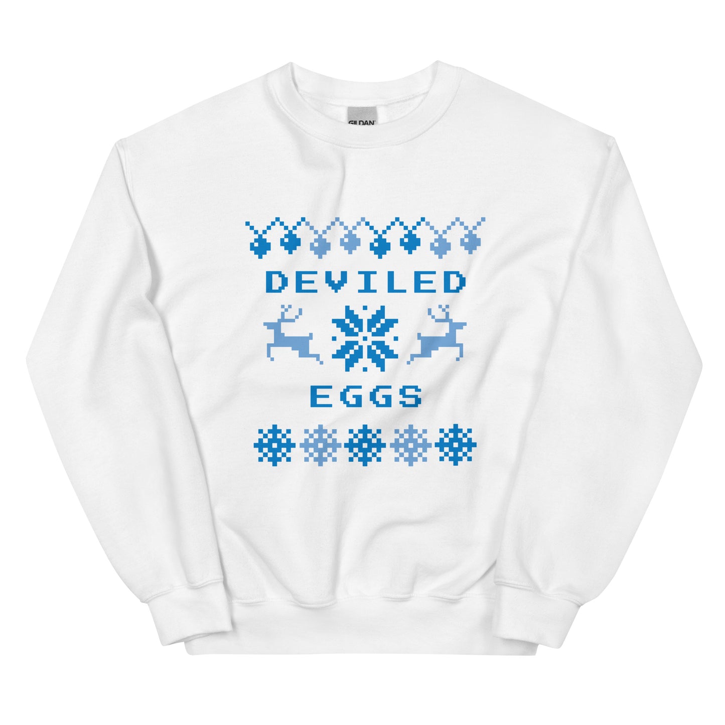 White Deviled Eggs Christmas Sweatshirt from Nina's Funky Shop by ninanush - Do you love deviled eggs? Looking for a funny Christmas sweatshirt? Our Slut Deviled Eggs Christmas Crew Neck Sweatshirt is soft, comfortable and just what you need. It's a unisex holiday sweatshirt with "Deviled Eggs" and a Christmas pattern. A funny Christmas sweatshirt for a holiday party or a cozy night in.