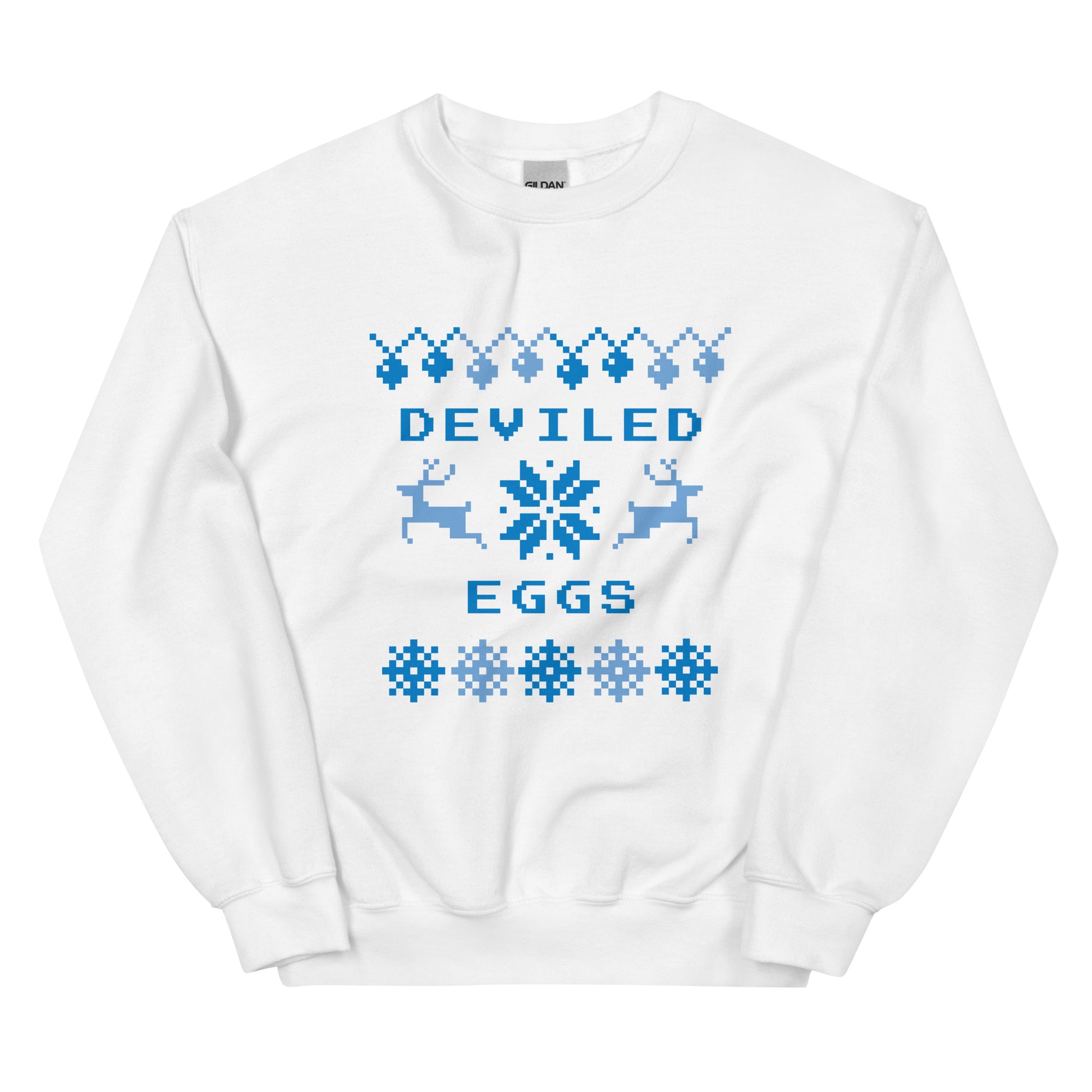 White Deviled Eggs Christmas Sweatshirt from Nina's Funky Shop by ninanush - Do you love deviled eggs? Looking for a funny Christmas sweatshirt? Our Slut Deviled Eggs Christmas Crew Neck Sweatshirt is soft, comfortable and just what you need. It's a unisex holiday sweatshirt with "Deviled Eggs" and a Christmas pattern. A funny Christmas sweatshirt for a holiday party or a cozy night in.