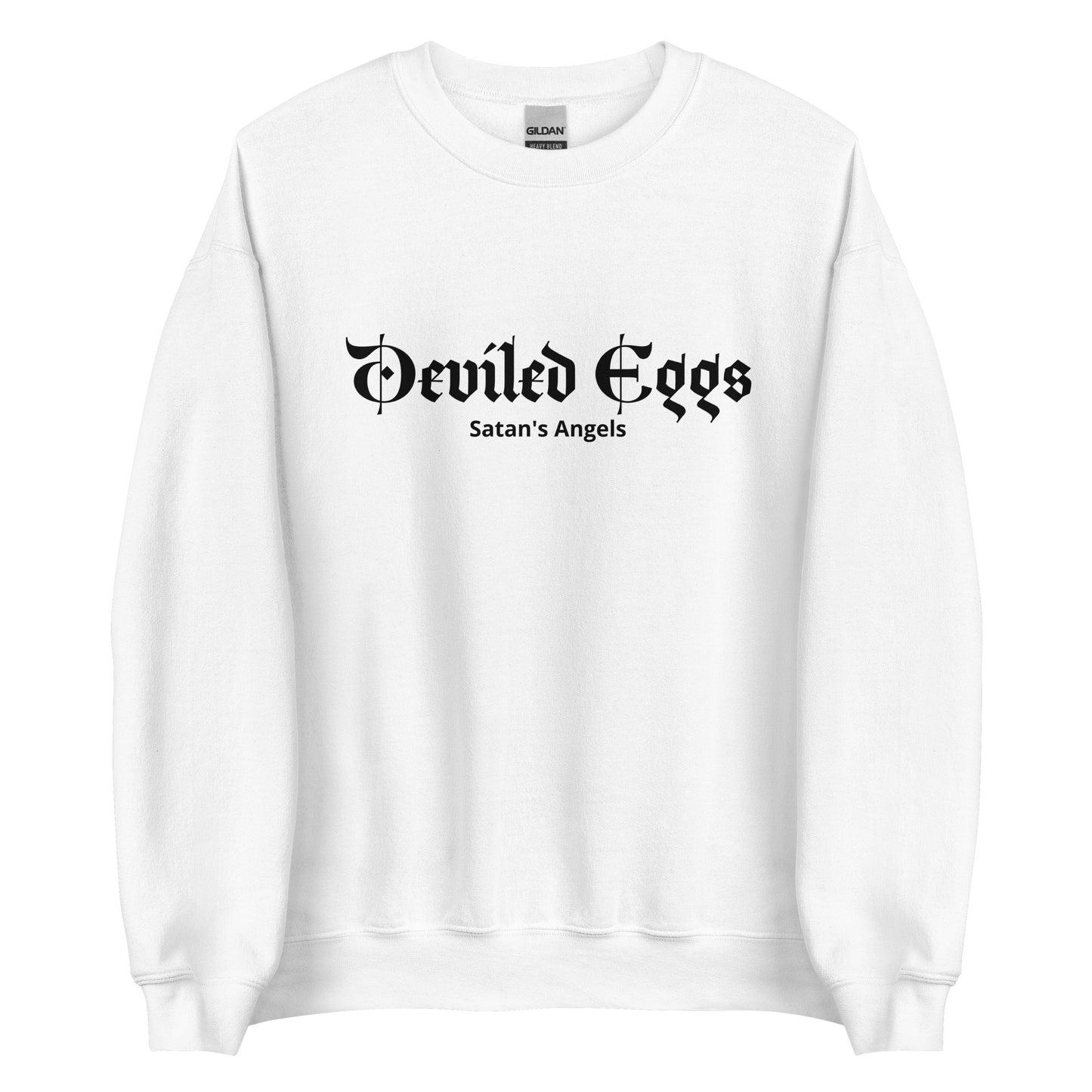 White Deviled Eggs Crewneck Sweatshirt from Nina's Funky Shop by ninanush - Do you love deviled eggs? Looking for a funny foodie gift? Our Deviled Eggs Crewneck Sweatshirt is soft, comfortable and just what you need. It's a unisex sweatshirt that comes in a variety of colors with "Deviled Eggs Satan's Angels", expertly printed on the front. A funny foodie sweatshirt for deviled egg enthusiasts and a quirky sweatshirt for everyday streetwear. 