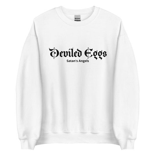 White Deviled Eggs Crewneck Sweatshirt from Nina's Funky Shop by ninanush - Do you love deviled eggs? Looking for a funny foodie gift? Our Deviled Eggs Crewneck Sweatshirt is soft, comfortable and just what you need. It's a unisex sweatshirt that comes in a variety of colors with "Deviled Eggs Satan's Angels", expertly printed on the front. A funny foodie sweatshirt for deviled egg enthusiasts and a quirky sweatshirt for everyday streetwear. 