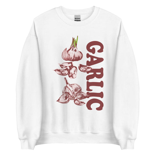 White Garlic Sweatshirt from Nina's Funky Shop by ninanush - Love garlic? Looking for a funky gift for garlic lovers? Our Garlic Crewneck Sweatshirt is soft, comfortable and just what you need. It's a unisex sweatshirt with a unique, hand drawn garlic design expertly printed on the front. A funny foodie sweatshirt for cozy nights in or stand out streetwear for garlic enthusiasts. 