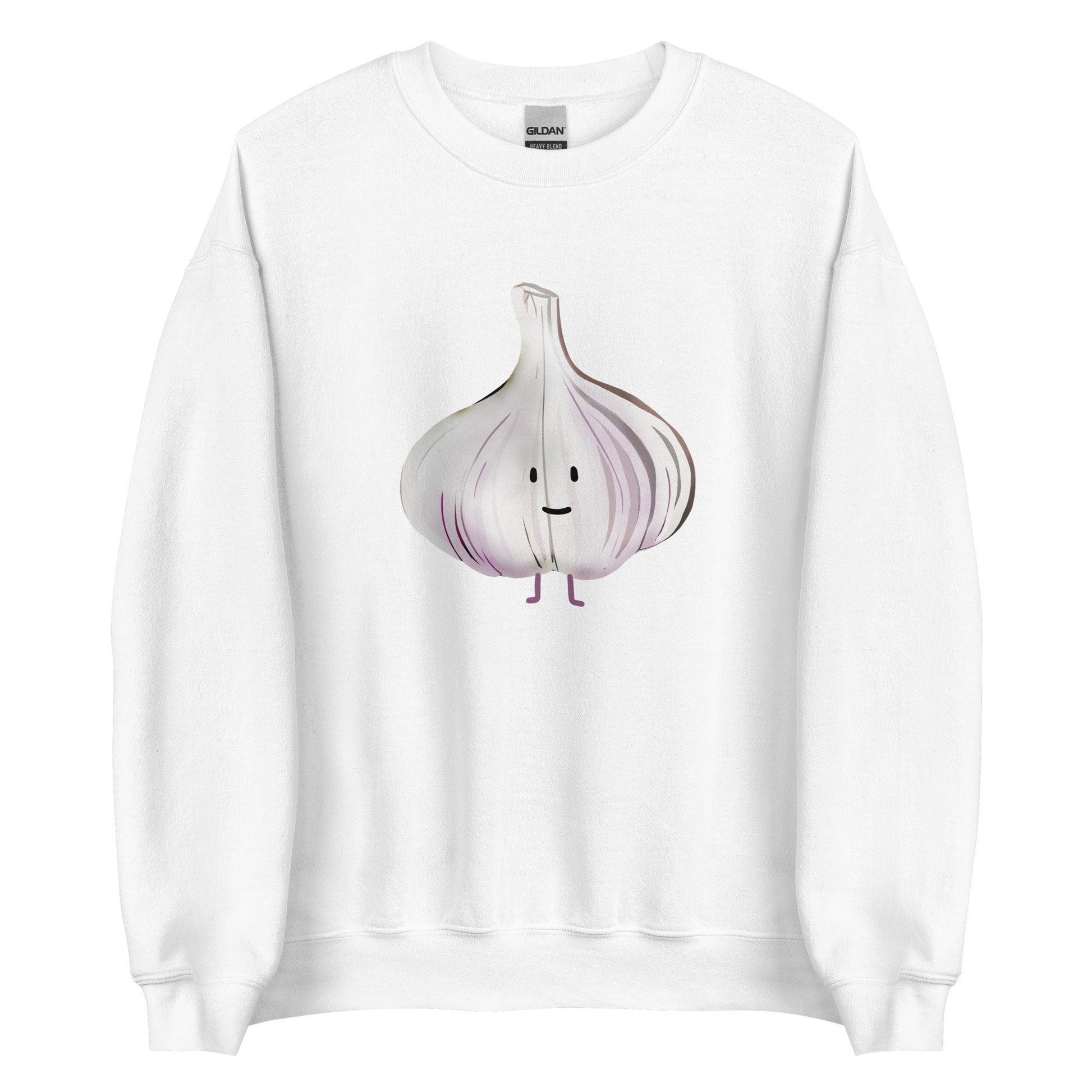 White Garlic Sweatshirt from Nina's Funky Shop by ninanush - Love garlic? Looking for a funky gift for a garlic lover? Our Cute Garlic Crewneck Sweatshirt is soft, comfortable and just what you need. It's a unisex sweatshirt with a unique, hand drawn garlic design, expertly printed on the front. Perfect for cozy nights in or stand out streetwear for garlic enthusiasts.