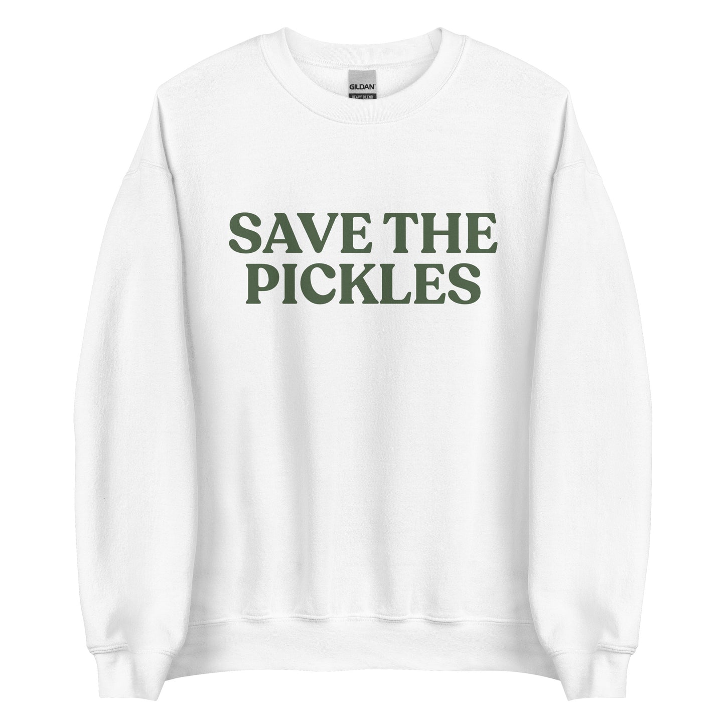 White Save The Pickles Sweatshirt - Love pickles? Looking for a gift for a pickle lover? Our Save The Pickles Crewneck Sweatshirt might be just what you need! It's a soft and cozy sweatshirt with a pickle design, made just for you.