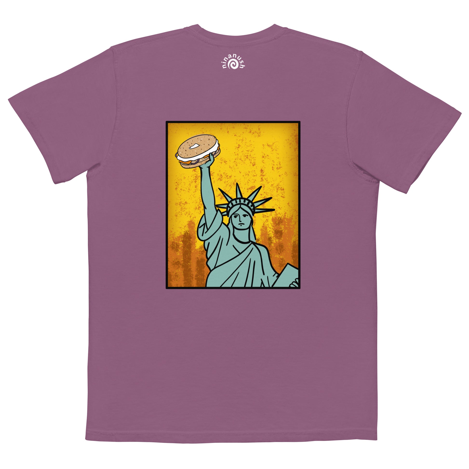 Berry t-shirt for bagel lovers - Show your love of bagels with our funny food t-shirt designed for bagel enthusiasts. Available in various colors, this classic t-shirt has an original design of the Statue of Liberty holding a bagel, and a small everything bagel on the front. Let your love for bagels shine or give it as a unique gift for a bagel lover. 