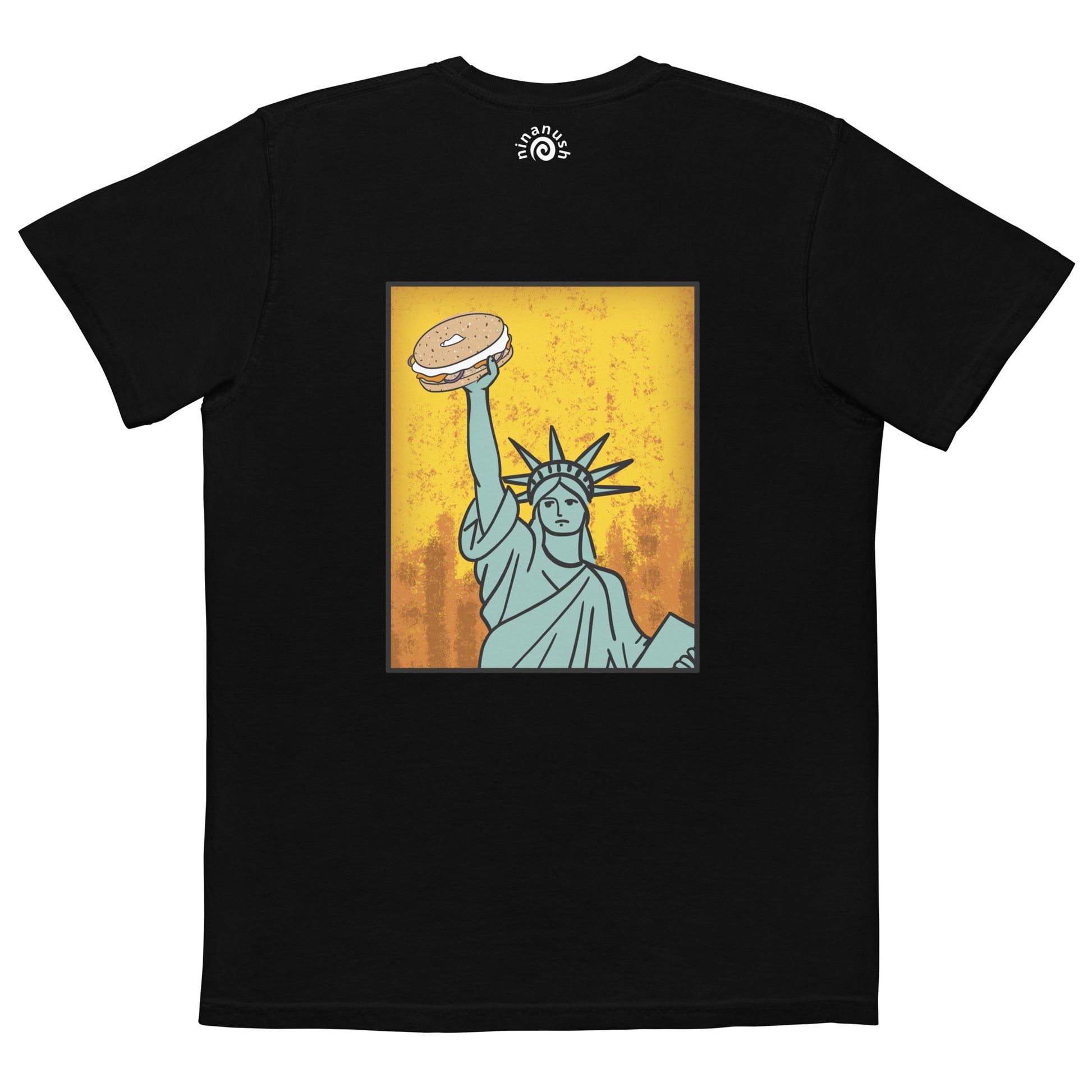 Black statue of liberty new york bagel t-shirt - Show your love of bagels with our funny food t-shirt designed for bagel enthusiasts. Available in various colors, this classic t-shirt has an original design of the Statue of Liberty holding a bagel, and a small everything bagel on the front. Let your love for bagels shine or give it as a unique gift for a bagel lover. 