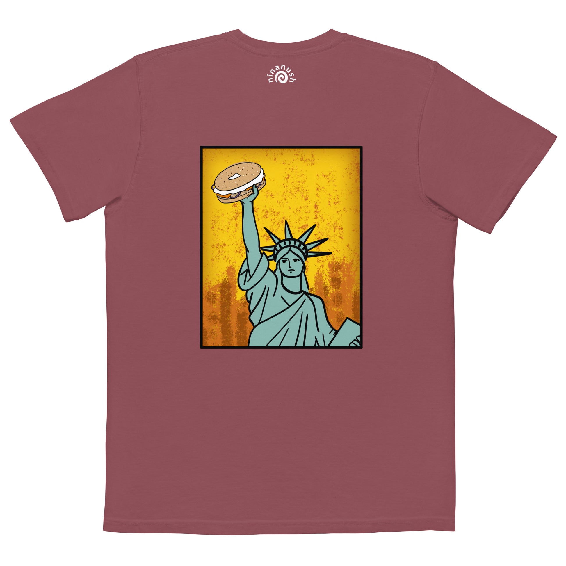 Brick red new york bagel t-shirt - Show your love of bagels with our funny food t-shirt designed for bagel enthusiasts. Available in various colors, this classic t-shirt has an original design of the Statue of Liberty holding a bagel, and a small everything bagel on the front. Let your love for bagels shine or give it as a unique gift for a bagel lover. 