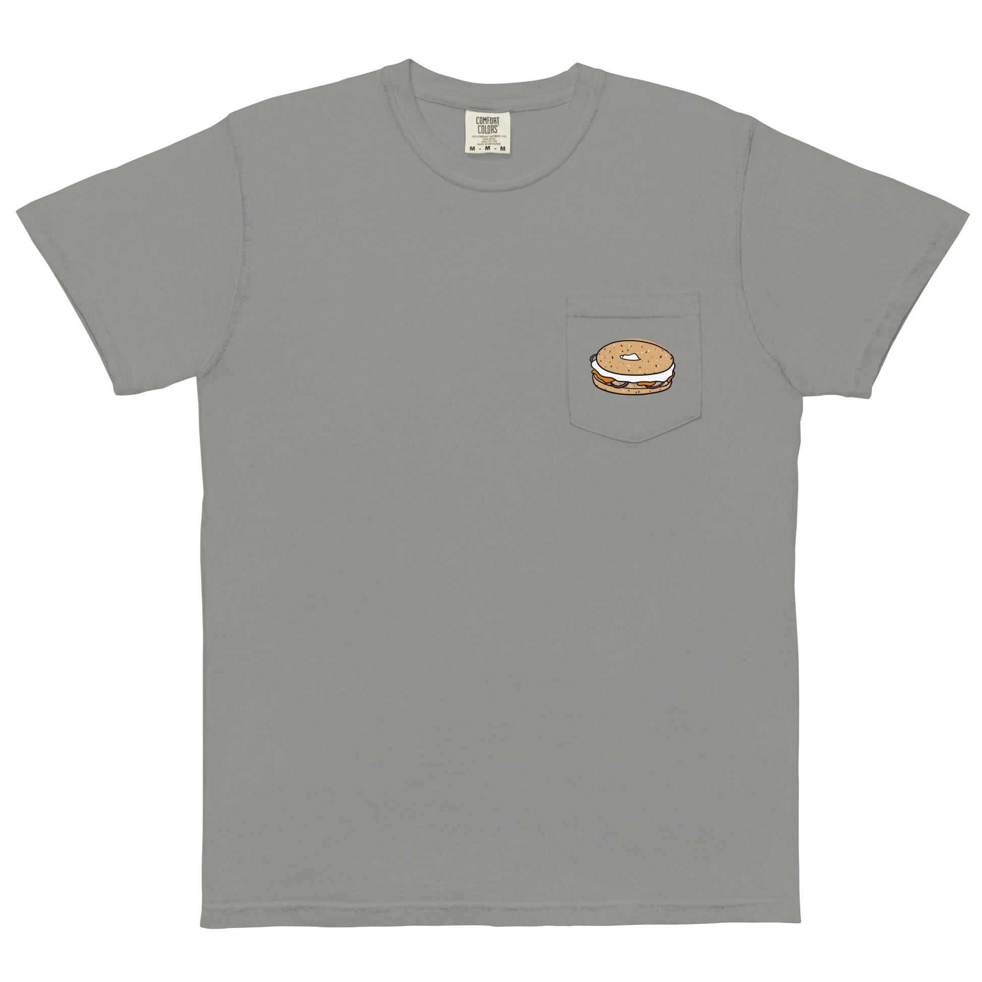 Gray bagel t-shirt - Show your love of bagels with our funny food t-shirt designed for bagel enthusiasts. Available in various colors, this classic t-shirt has an original design of the Statue of Liberty holding a bagel, and a small everything bagel on the front. Let your love for bagels shine or give it as a unique gift for a bagel lover. 