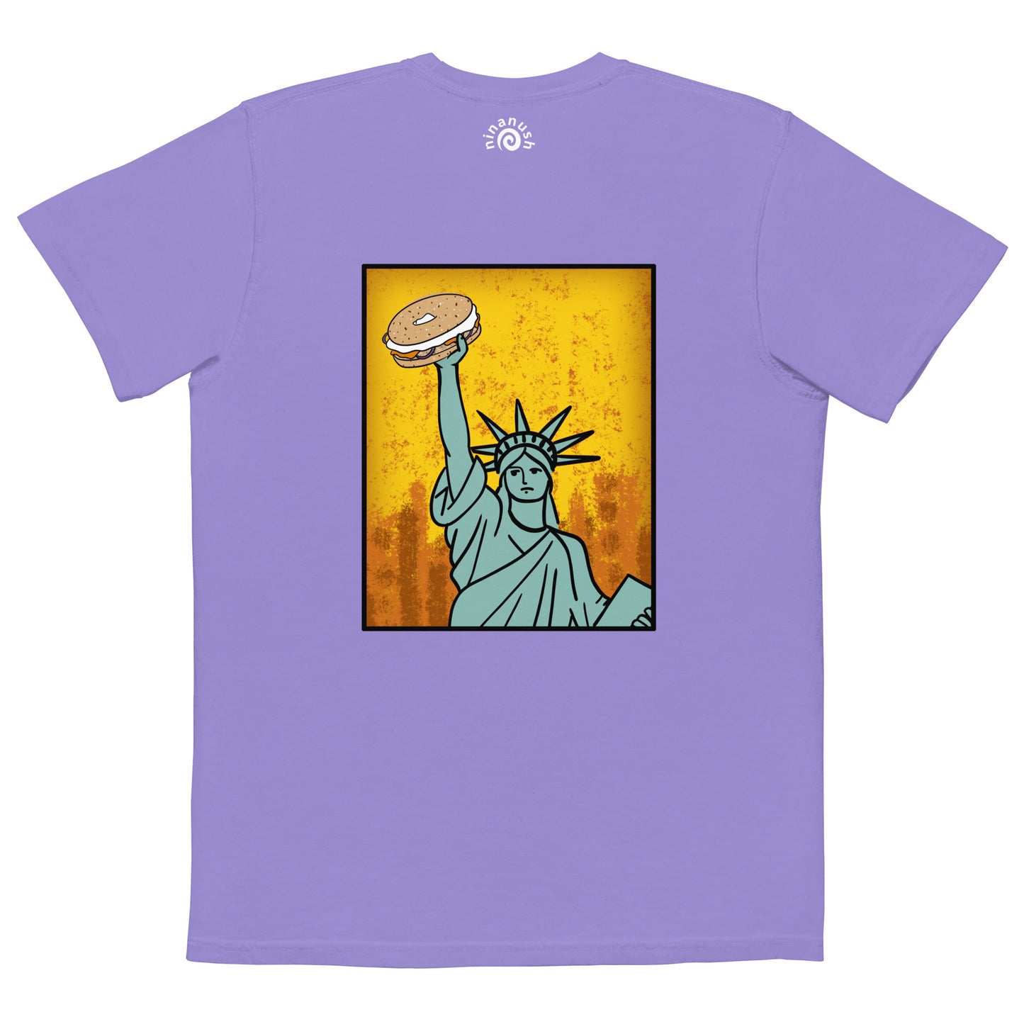 Purple bagel lover t-shirt - Show your love of bagels with our funny food t-shirt designed for bagel enthusiasts. Available in various colors, this classic t-shirt has an original design of the Statue of Liberty holding a bagel, and a small everything bagel on the front. Let your love for bagels shine or give it as a unique gift for a bagel lover. 