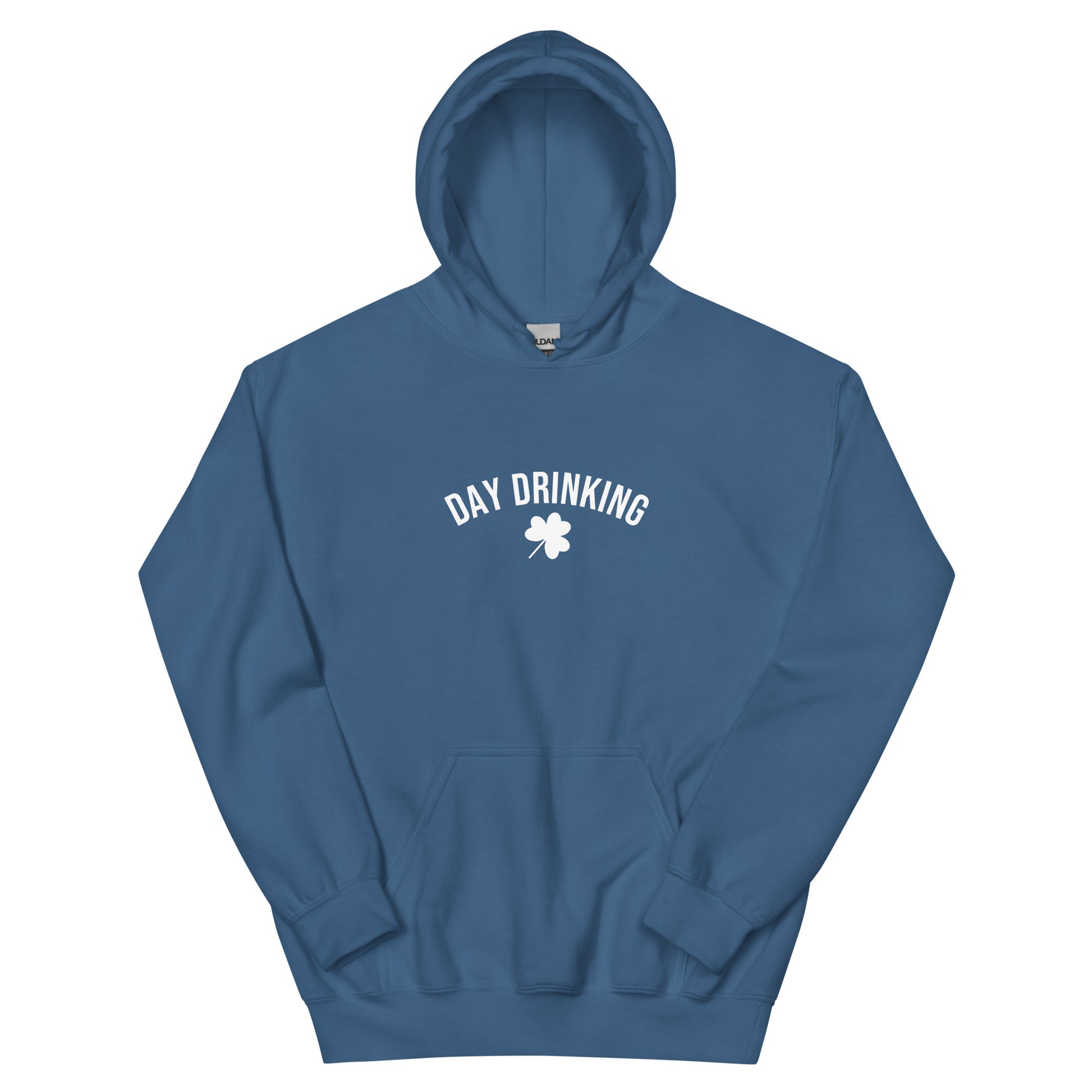 Indigo Blue Day Drinking Shamrock Hoodie - Our Day Drinking Shamrock Hoodie is soft and comfortable with a funny design, expertly printed on the front. Shop Nina's for funky apparel for foodies and beyond.