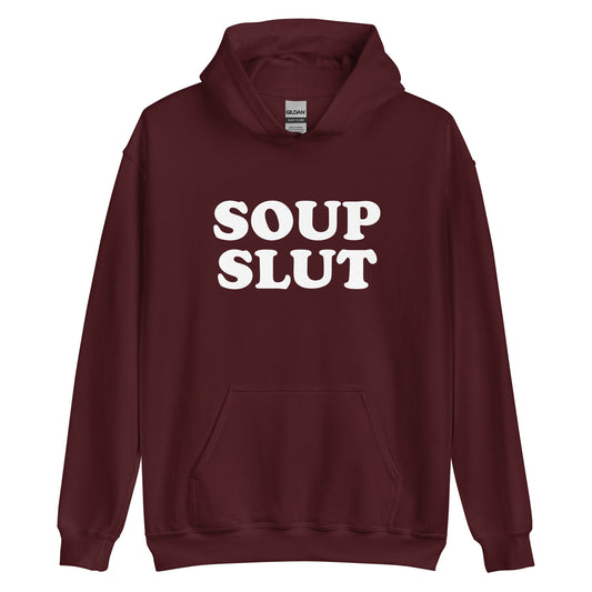 Maroon Soup Slut Hoodie from Nina's Funky Shop by ninanush - Do you love soup? Looking for a funny gift for a friend? Our Soup Slut Hoodie is soft, comfortable and just what you need. It's a unisex foodie sweatshirt that comes in a variety of colors with "soup slut", expertly printed on the front. A perfect funny foodie hoodie for cozy nights in or stand out soup lover streetwear, this soup enthusiast sweatshirt is bold and made just for you.