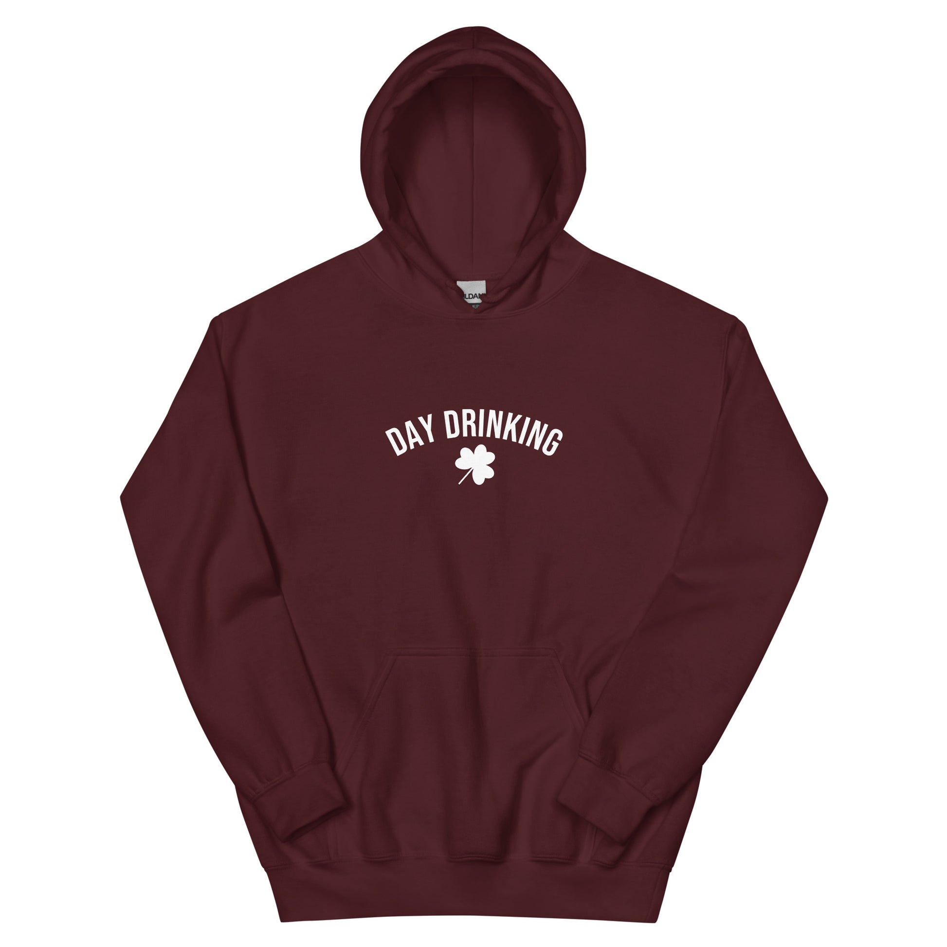 Maroon Day Drinking Shamrock Hoodie - Our Day Drinking Shamrock Hoodie is soft and comfortable with a funny design, expertly printed on the front. Shop Nina's for funky apparel for foodies and beyond.