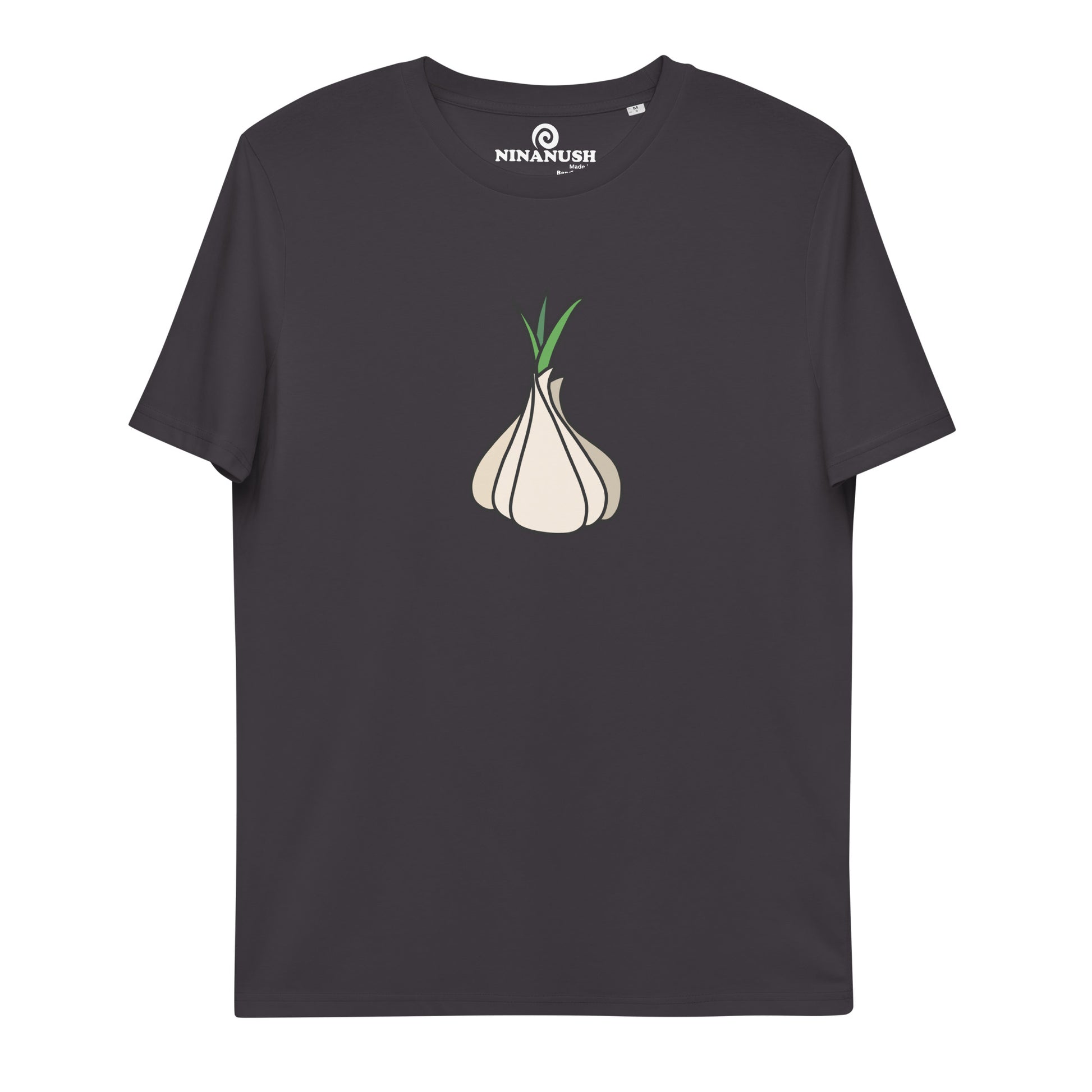 Dark gray garlic t-shirt from Nina's Funky Shop by ninanush - Our premium organic cotton vegan t-shirts are ethically manufactured and printed by experts. Stand out in our funky garlic tee. It's a totally unique foodie t-shirt designed for garlic enthusiasts and made just for you. Eat your favorite garlicky foods in this funny vegan t-shirt or give it as a gift for a garlic lover.