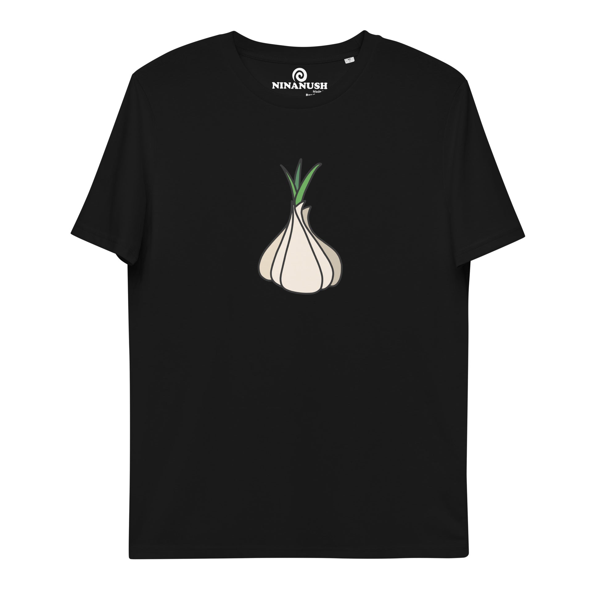 Black garlic t-shirt from Nina's Funky Shop by ninanush - Our premium organic cotton vegan t-shirts are ethically manufactured and printed by experts. Stand out in our funky garlic tee. It's a totally unique foodie t-shirt designed for garlic enthusiasts and made just for you. Eat your favorite garlicky foods in this funny vegan t-shirt or give it as a gift for a garlic lover.