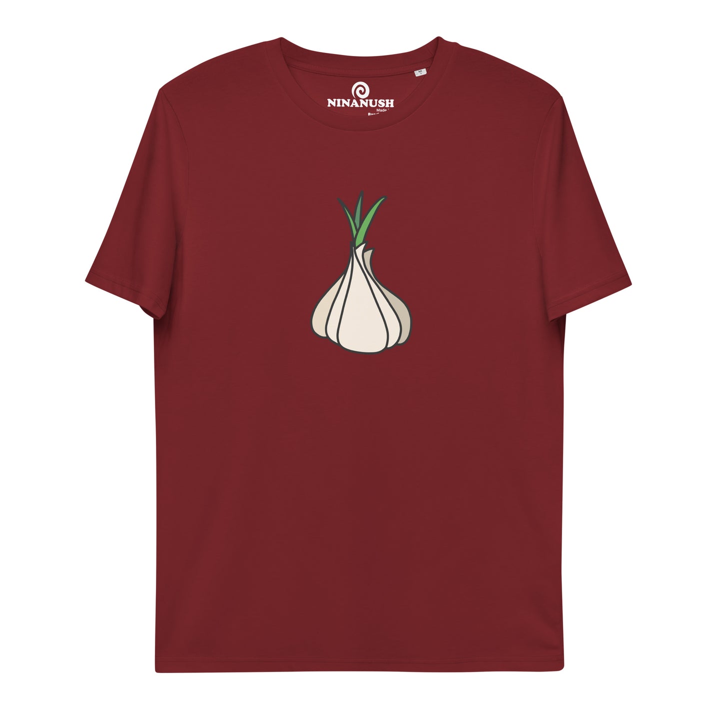 Red garlic t-shirt from Nina's Funky Shop by ninanush - Our premium organic cotton vegan t-shirts are ethically manufactured and printed by experts. Stand out in our funky garlic tee. It's a totally unique foodie t-shirt designed for garlic enthusiasts and made just for you. Eat your favorite garlicky foods in this funny vegan t-shirt or give it as a gift for a garlic lover.