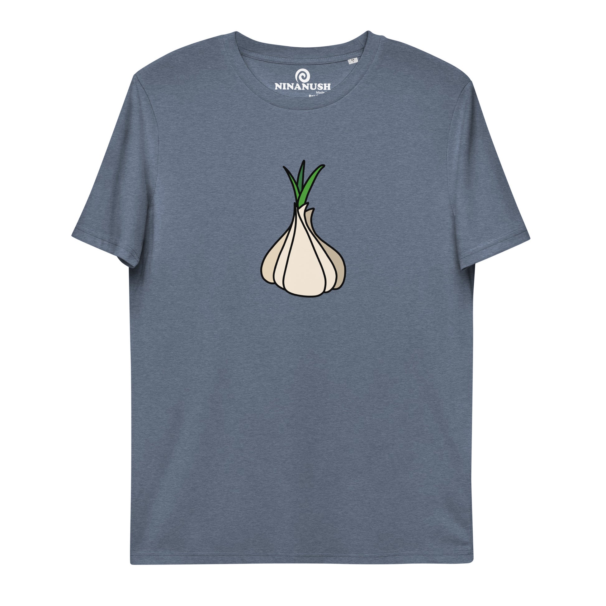 Blue garlic t-shirt from Nina's Funky Shop by ninanush - Our premium organic cotton vegan t-shirts are ethically manufactured and printed by experts. Stand out in our funky garlic tee. It's a totally unique foodie t-shirt designed for garlic enthusiasts and made just for you. Eat your favorite garlicky foods in this funny vegan t-shirt or give it as a gift for a garlic lover.