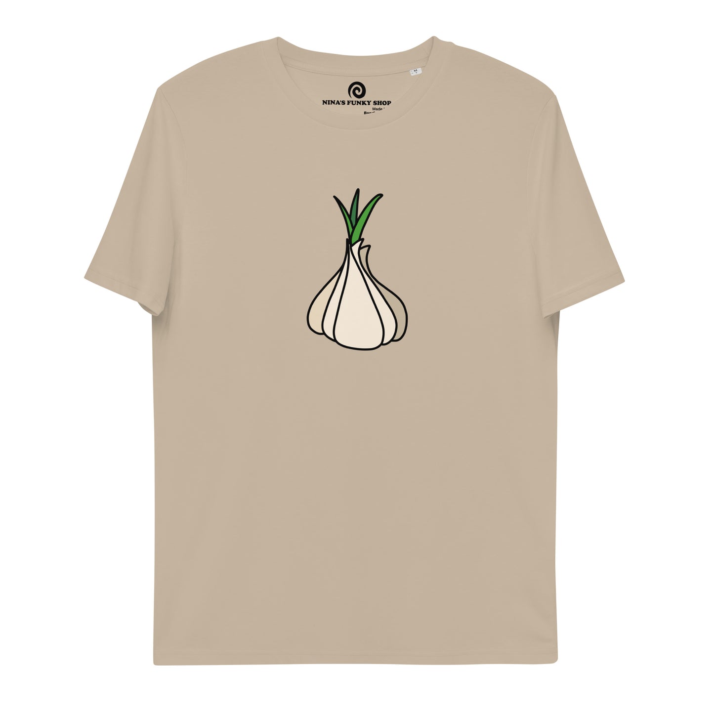 Beige garlic t-shirt from Nina's Funky Shop by ninanush - Our premium organic cotton vegan t-shirts are ethically manufactured and printed by experts. Stand out in our funky garlic tee. It's a totally unique foodie t-shirt designed for garlic enthusiasts and made just for you. Eat your favorite garlicky foods in this funny vegan t-shirt or give it as a gift for a garlic lover.