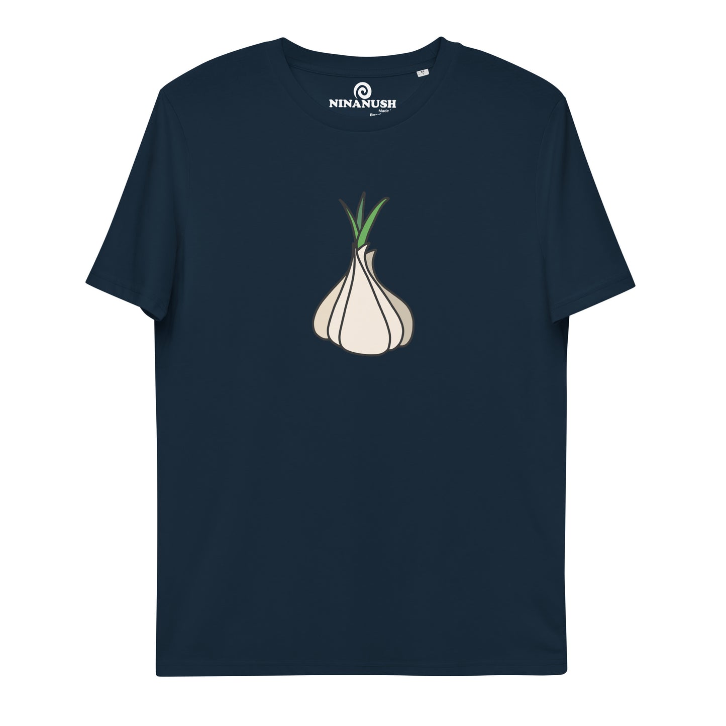 Navy garlic t-shirt from Nina's Funky Shop by ninanush - Our premium organic cotton vegan t-shirts are ethically manufactured and printed by experts. Stand out in our funky garlic tee. It's a totally unique foodie t-shirt designed for garlic enthusiasts and made just for you. Eat your favorite garlicky foods in this funny vegan t-shirt or give it as a gift for a garlic lover.