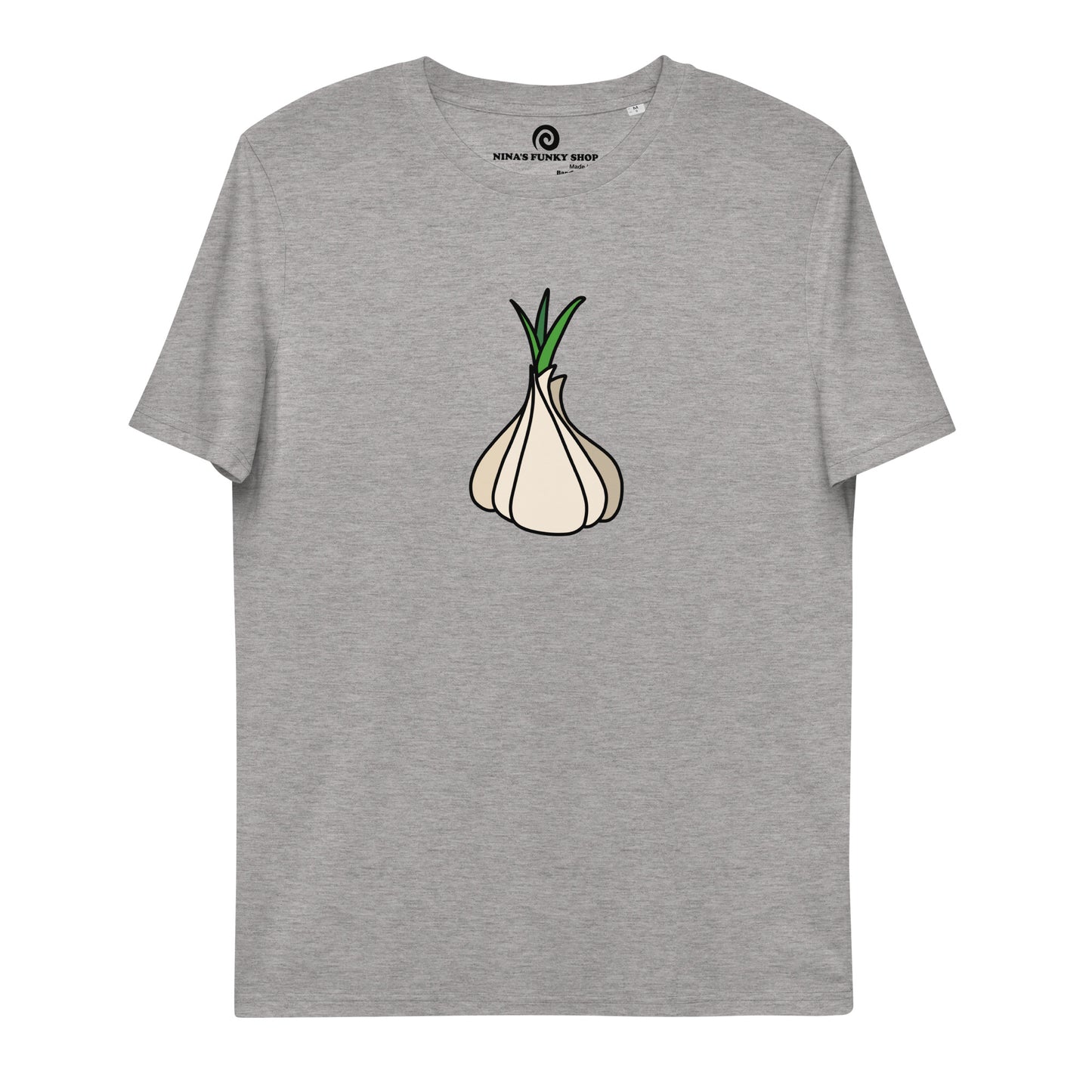 Gray garlic t-shirt from Nina's Funky Shop by ninanush - Our premium organic cotton vegan t-shirts are ethically manufactured and printed by experts. Stand out in our funky garlic tee. It's a totally unique foodie t-shirt designed for garlic enthusiasts and made just for you. Eat your favorite garlicky foods in this funny vegan t-shirt or give it as a gift for a garlic lover.