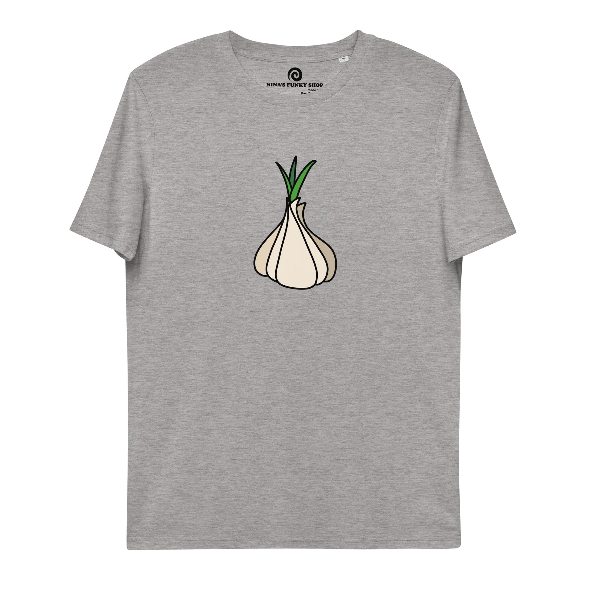 Gray garlic t-shirt from Nina's Funky Shop by ninanush - Our premium organic cotton vegan t-shirts are ethically manufactured and printed by experts. Stand out in our funky garlic tee. It's a totally unique foodie t-shirt designed for garlic enthusiasts and made just for you. Eat your favorite garlicky foods in this funny vegan t-shirt or give it as a gift for a garlic lover.