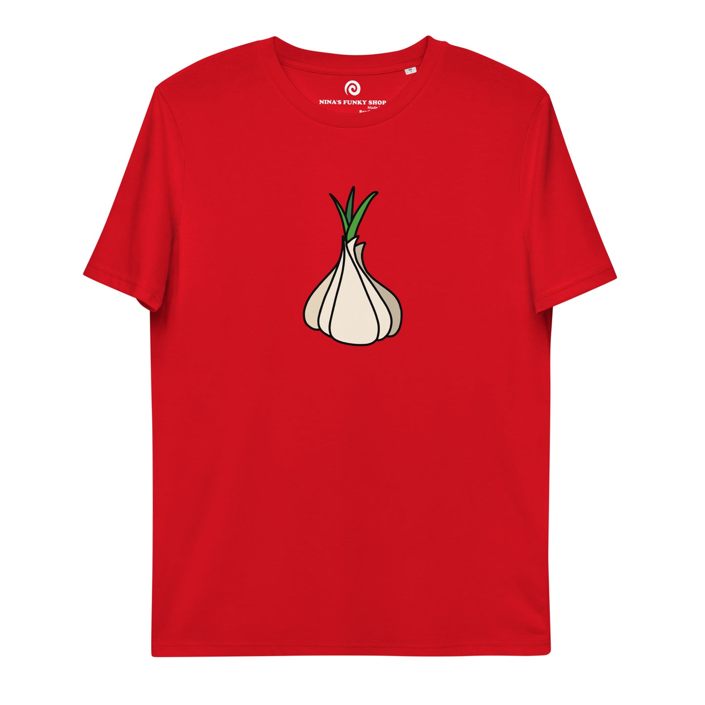 Bright red garlic t-shirt from Nina's Funky Shop by ninanush - Our premium organic cotton vegan t-shirts are ethically manufactured and printed by experts. Stand out in our funky garlic tee. It's a totally unique foodie t-shirt designed for garlic enthusiasts and made just for you. Eat your favorite garlicky foods in this funny vegan t-shirt or give it as a gift for a garlic lover.