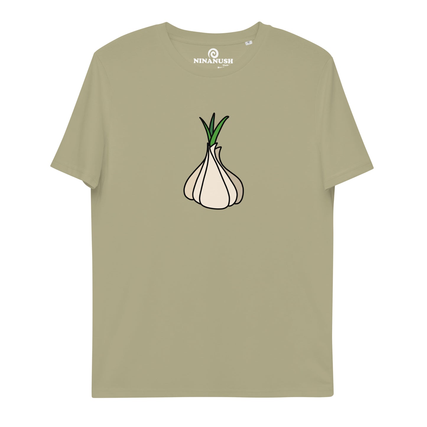 Sage green garlic t-shirt from Nina's Funky Shop by ninanush - Our premium organic cotton vegan t-shirts are ethically manufactured and printed by experts. Stand out in our funky garlic tee. It's a totally unique foodie t-shirt designed for garlic enthusiasts and made just for you. Eat your favorite garlicky foods in this funny vegan t-shirt or give it as a gift for a garlic lover.