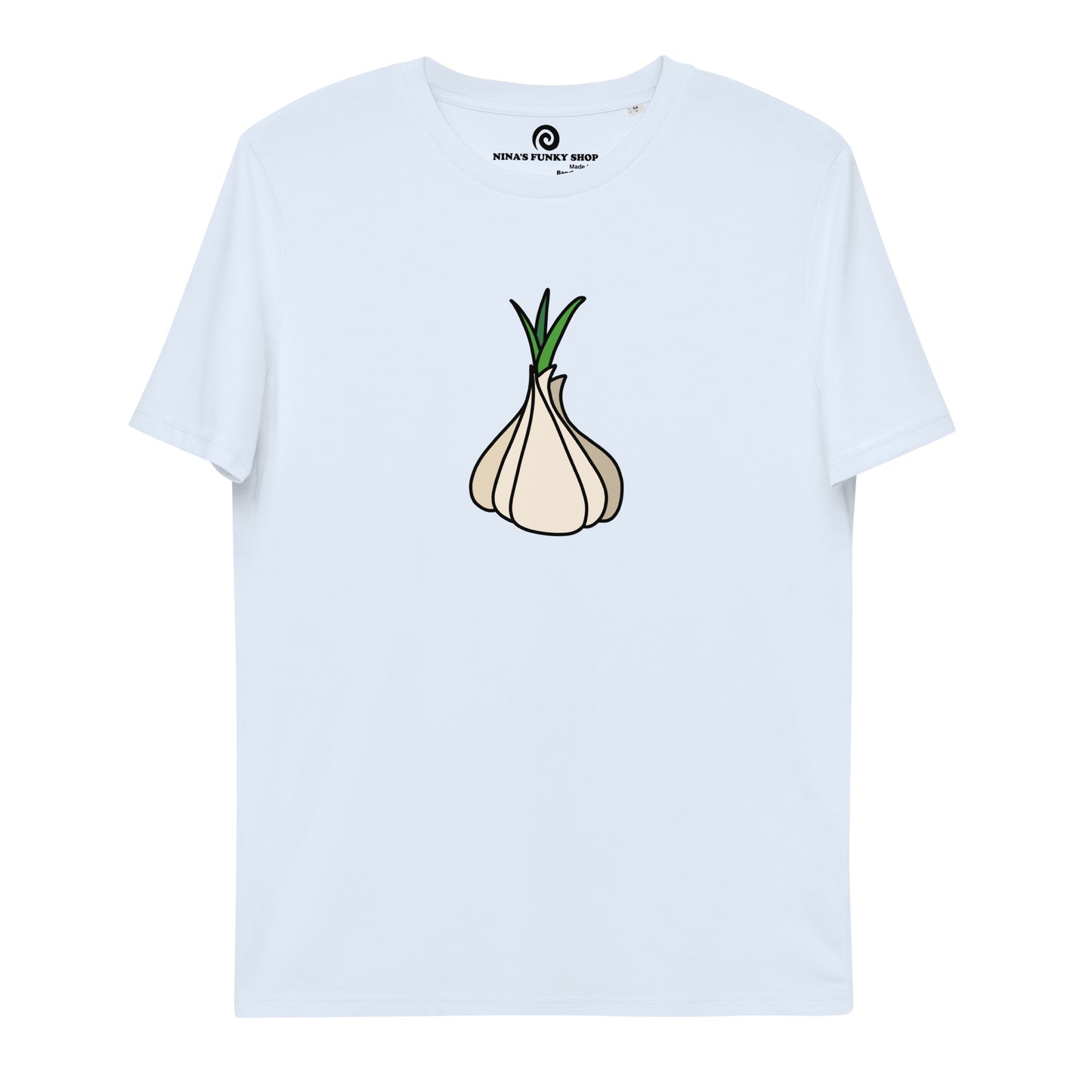 Very light blue garlic t-shirt from Nina's Funky Shop by ninanush - Our premium organic cotton vegan t-shirts are ethically manufactured and printed by experts. Stand out in our funky garlic tee. It's a totally unique foodie t-shirt designed for garlic enthusiasts and made just for you. Eat your favorite garlicky foods in this funny vegan t-shirt or give it as a gift for a garlic lover.