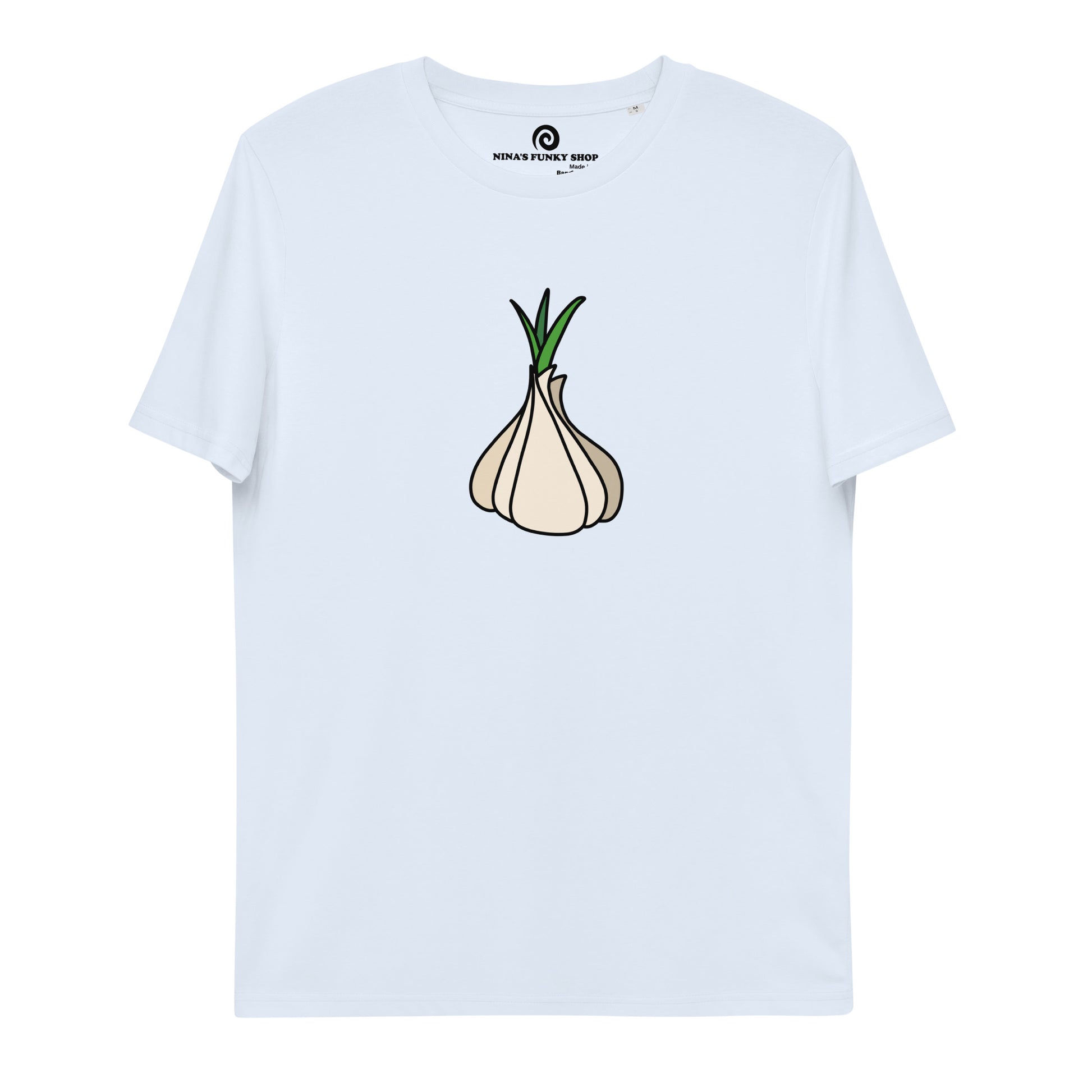 Very light blue garlic t-shirt from Nina's Funky Shop by ninanush - Our premium organic cotton vegan t-shirts are ethically manufactured and printed by experts. Stand out in our funky garlic tee. It's a totally unique foodie t-shirt designed for garlic enthusiasts and made just for you. Eat your favorite garlicky foods in this funny vegan t-shirt or give it as a gift for a garlic lover.