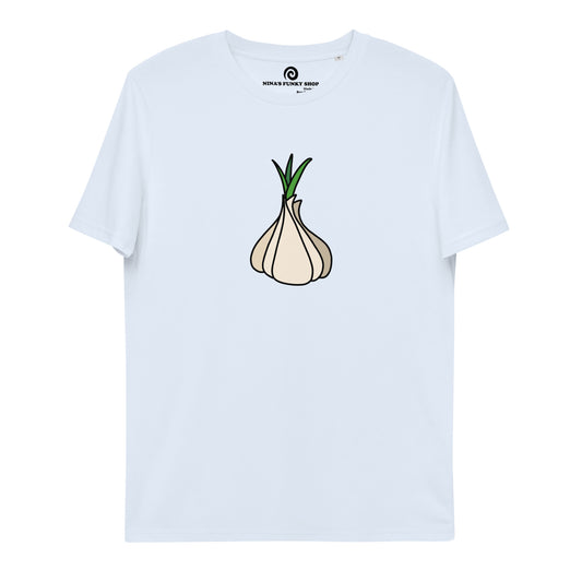 Very light blue garlic t-shirt from Nina's Funky Shop by ninanush - Our premium organic cotton vegan t-shirts are ethically manufactured and printed by experts. Stand out in our funky garlic tee. It's a totally unique foodie t-shirt designed for garlic enthusiasts and made just for you. Eat your favorite garlicky foods in this funny vegan t-shirt or give it as a gift for a garlic lover.