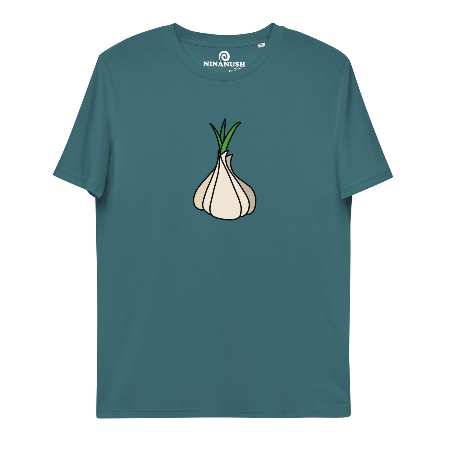 Blue green garlic t-shirt from Nina's Funky Shop by ninanush - Our premium organic cotton vegan t-shirts are ethically manufactured and printed by experts. Stand out in our funky garlic tee. It's a totally unique foodie t-shirt designed for garlic enthusiasts and made just for you. Eat your favorite garlicky foods in this funny vegan t-shirt or give it as a gift for a garlic lover.