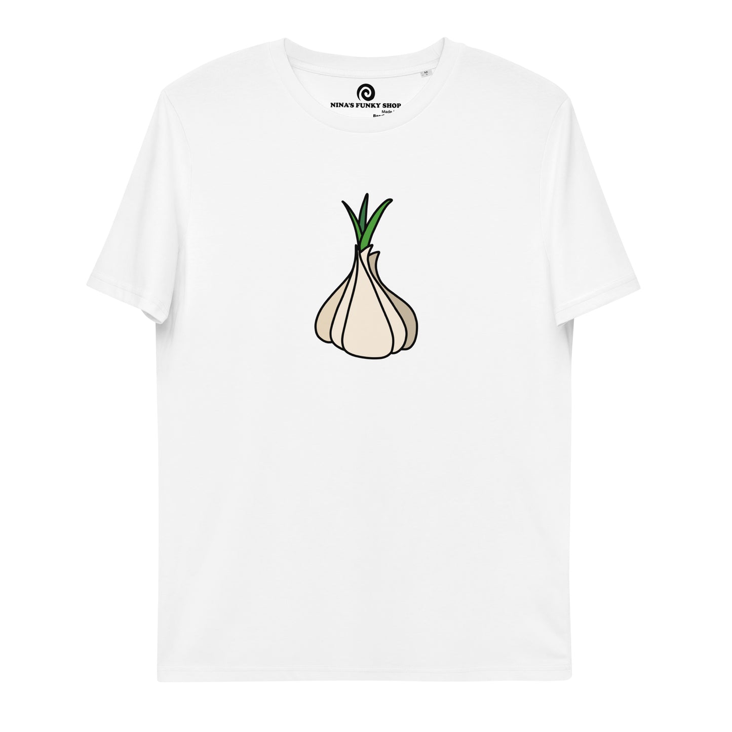 White garlic t-shirt from Nina's Funky Shop by ninanush - Our premium organic cotton vegan t-shirts are ethically manufactured and printed by experts. Stand out in our funky garlic tee. It's a totally unique foodie t-shirt designed for garlic enthusiasts and made just for you. Eat your favorite garlicky foods in this funny vegan t-shirt or give it as a gift for a garlic lover.