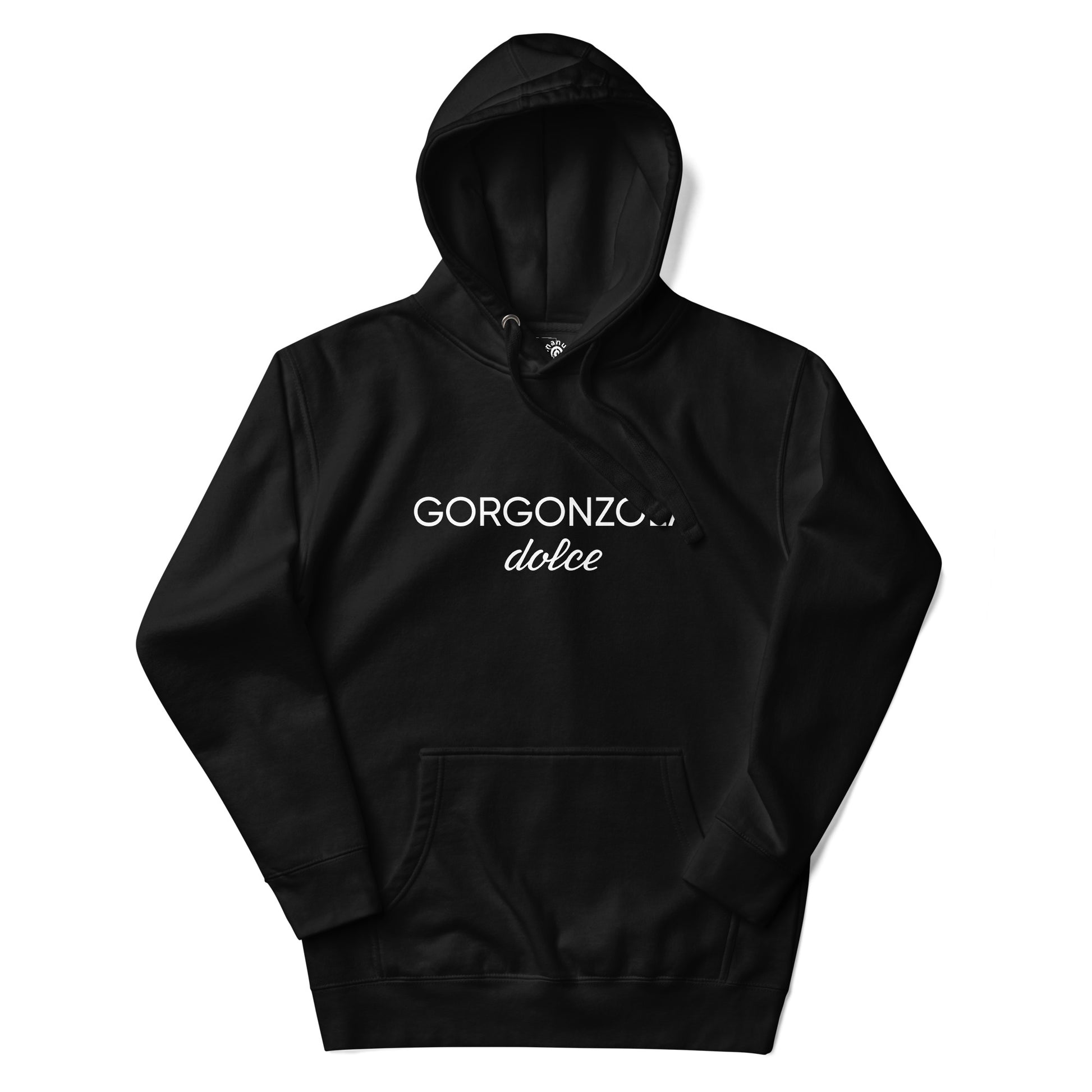 Black  Gorgonzola Dolce Hoodie from Nina's Funky Shop by ninanush - Love Gorgonzola? Looking for a funny Foodie Gift? Our Gorgonzola Dolce Hoodie is soft, comfortable and just what you need. It's a unisex hoodie that comes in a variety of colors with "Gorgonzola Dolce" on the front. A funny foodie hoodie for cozy nights in or funky stand out streetwear for Gorgonzola aficionados.