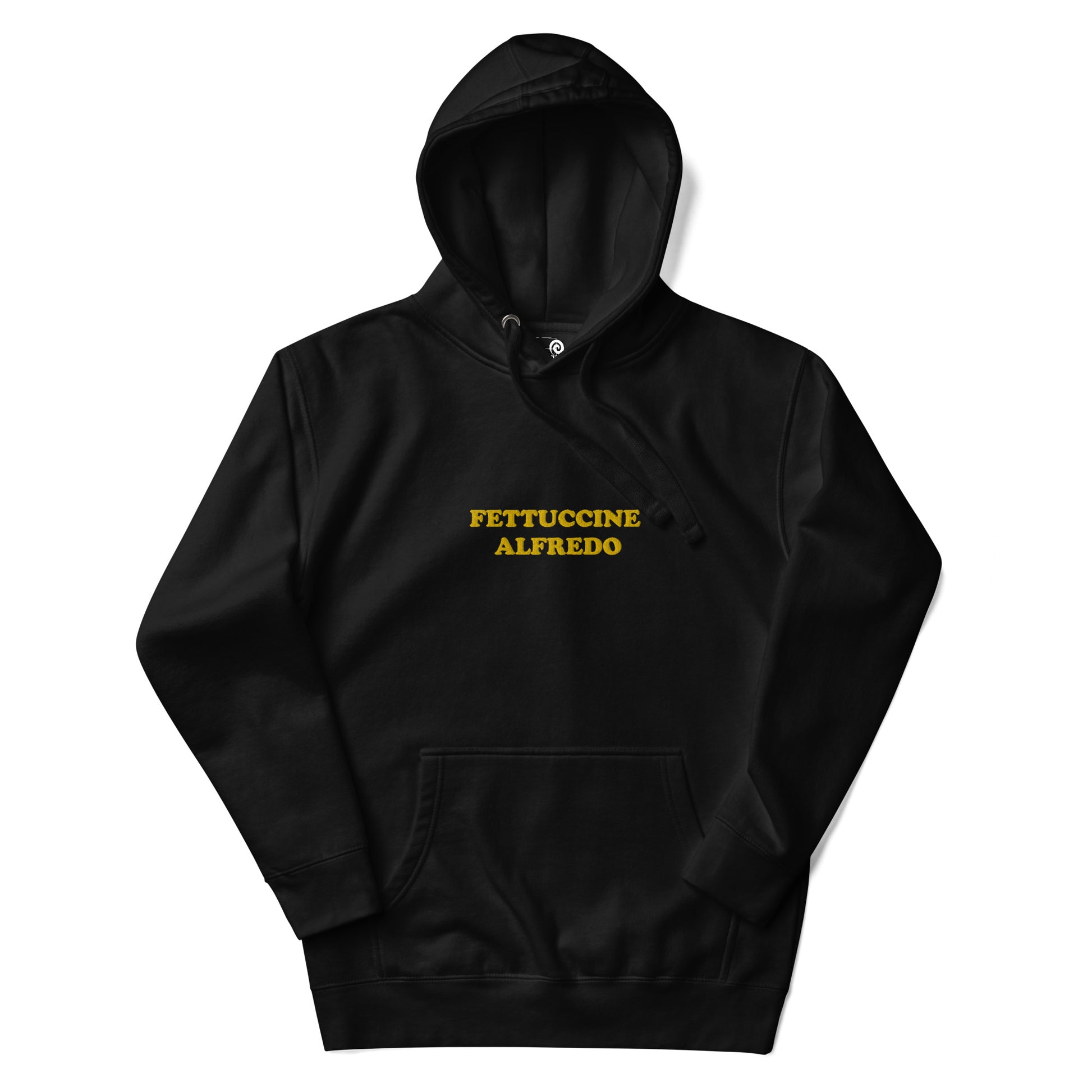 Black sweatshirt with Yellow Fettuccine Alfredo Embroidery from Nina's Funky Shop - Do you love fettuccine Alfredo? Looking for a funny gift for a fettuccine enthusiast? Our Colorful Fettuccine Alfredo Hoodie is just what you need. It's a unisex hoodie with "Fettuccine Alfredo", expertly embroidered on the front. A funny hoodie for cozy nights in or quirky everyday streetwear.