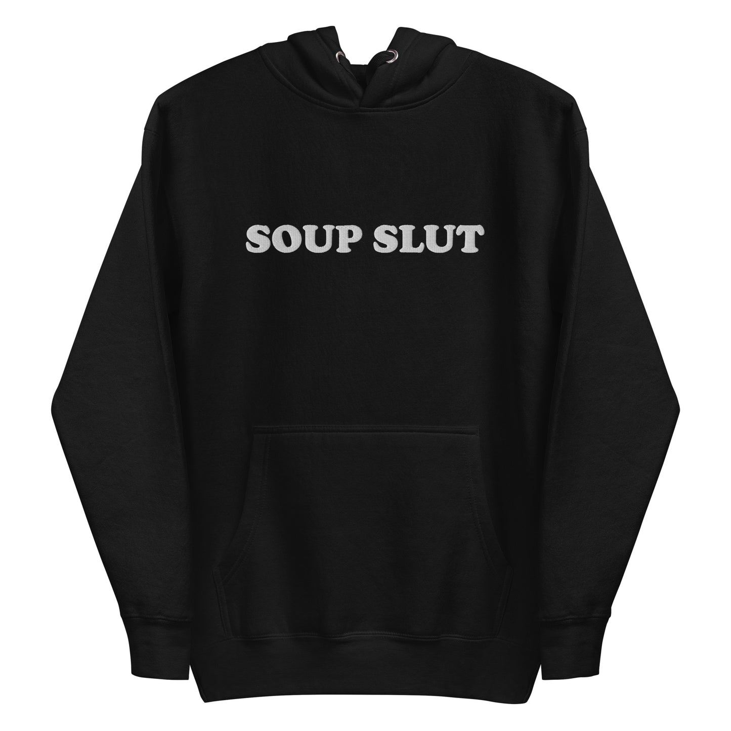 Black Soup Slut Hoodie - It's always soup season! This Soup Slut Hoodie is soft, comfortable and just what you need. It's a unisex hoodie that comes in a variety of colors with "Soup Slut", expertly embroidered on the front. It's the perfect hoodie for soup season, designed by Nina and made just for you. Celebrate your favorite foods in our funky foodie clothing and accessories!