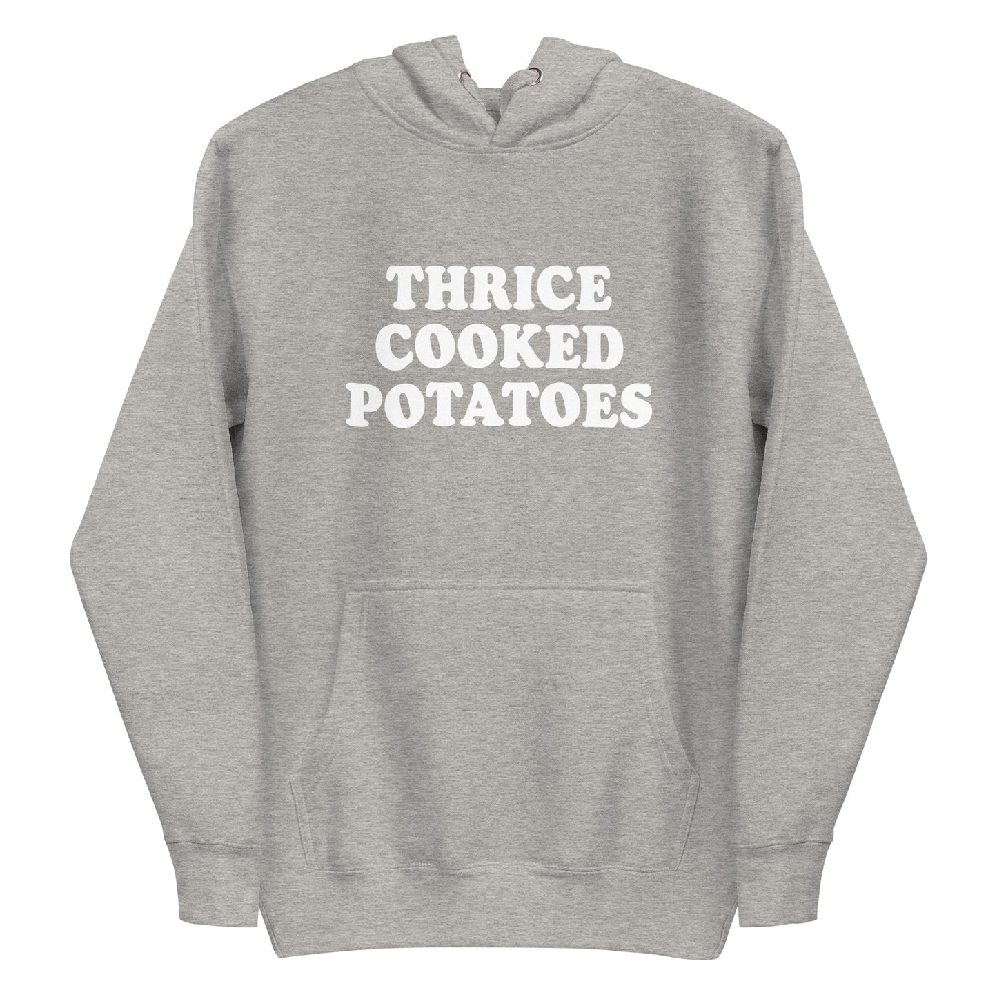 Light Gray Thrice Cooked Potatoes Hoodie from Nina's Funky Shop by ninanush - Love potatoes? Looking for a funny gift for a friend? Our Thrice Cooked Potatoes Hoodie is just what you need. It's a unisex hoodie with "Thrice Cooked Potatoes" on the front. A funny foodie hoodie for cozy nights in or funky stand out streetwear. This funny potato enthusiast hoodie is made just for you.