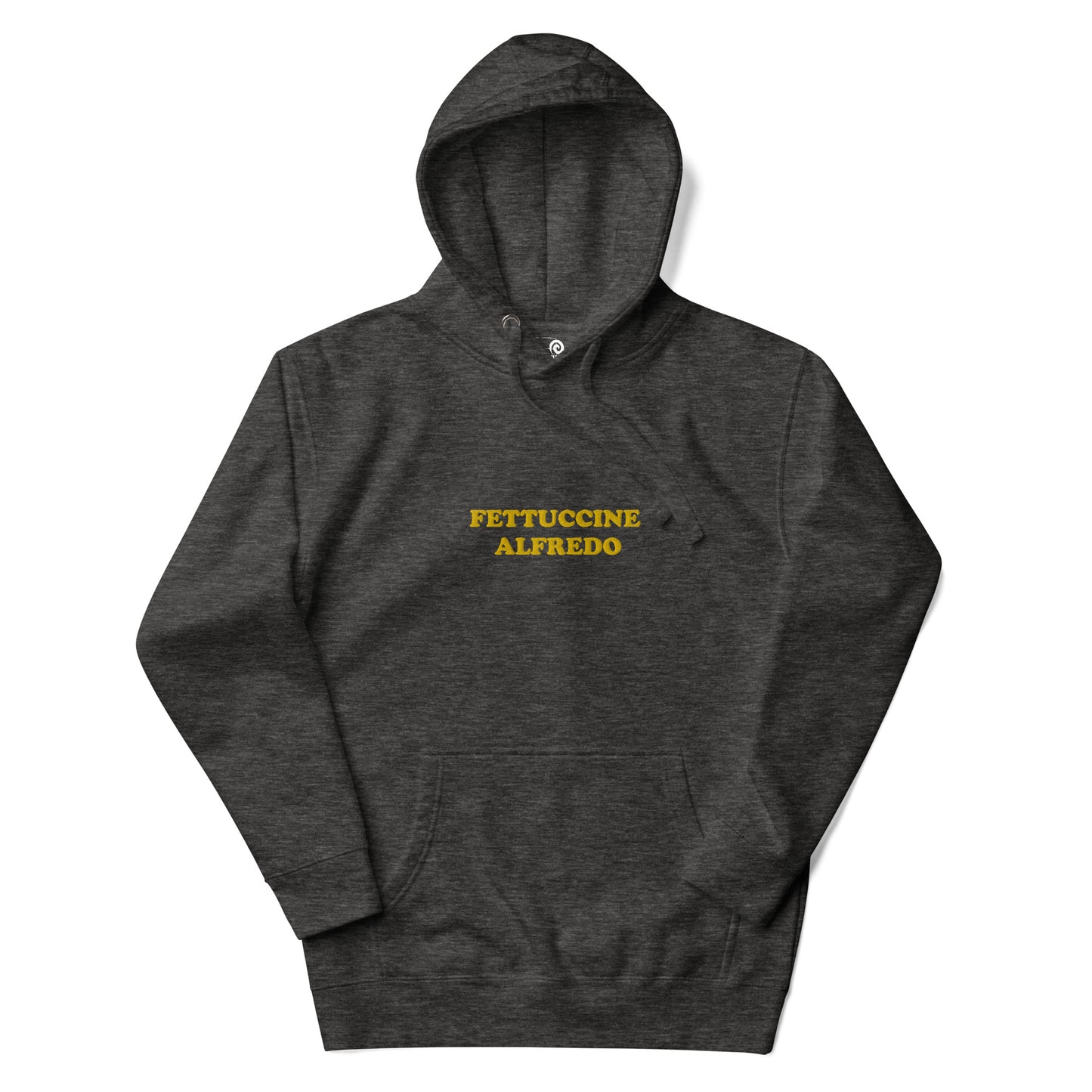 Dark Gray sweatshirt with Yellow Fettuccine Alfredo Embroidery from Nina's Funky Shop - Do you love fettuccine Alfredo? Looking for a funny gift for a fettuccine enthusiast? Our Colorful Fettuccine Alfredo Hoodie is just what you need. It's a unisex hoodie with "Fettuccine Alfredo", expertly embroidered on the front. A funny hoodie for cozy nights in or quirky everyday streetwear.