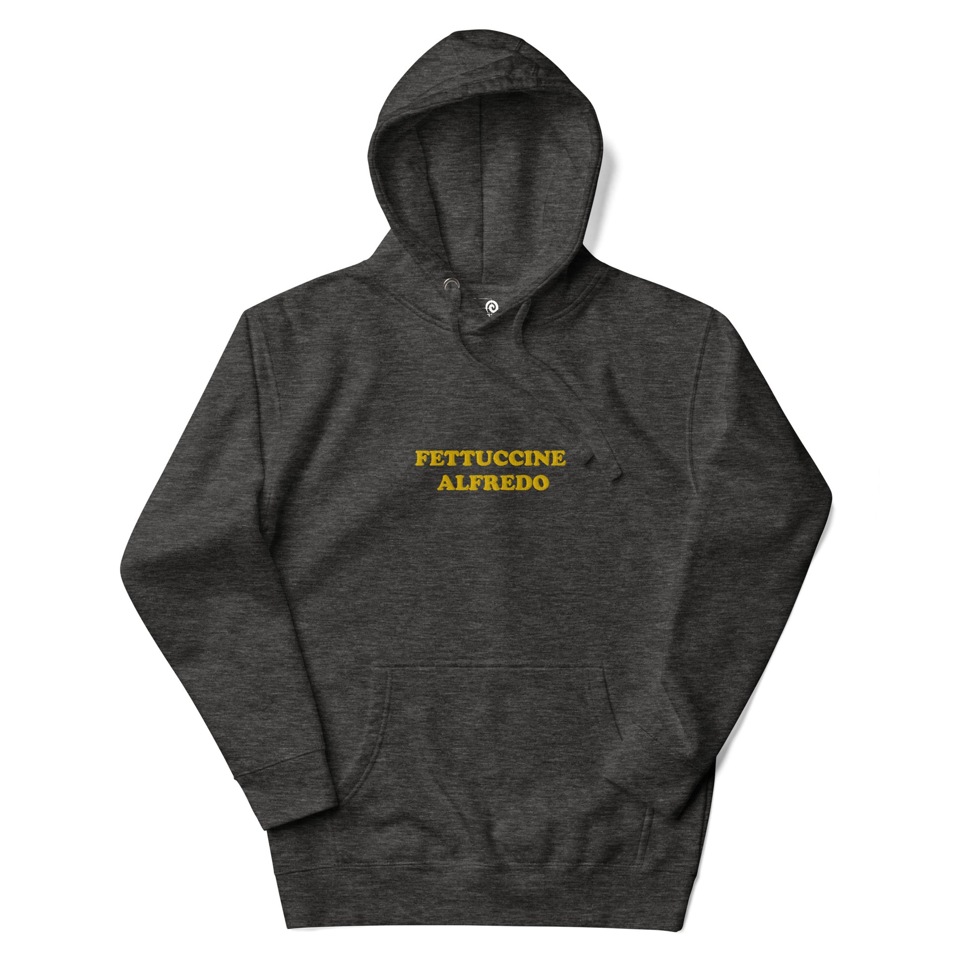 Dark Gray sweatshirt with Yellow Fettuccine Alfredo Embroidery from Nina's Funky Shop - Do you love fettuccine Alfredo? Looking for a funny gift for a fettuccine enthusiast? Our Colorful Fettuccine Alfredo Hoodie is just what you need. It's a unisex hoodie with "Fettuccine Alfredo", expertly embroidered on the front. A funny hoodie for cozy nights in or quirky everyday streetwear.