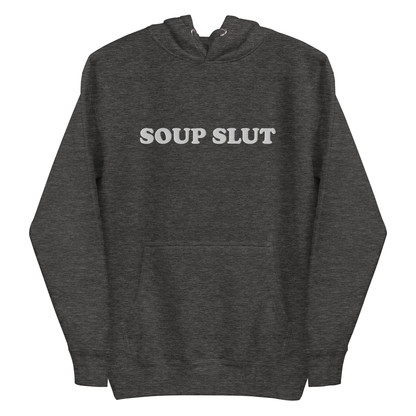 Gray Soup Slut Hoodie - It's always soup season! This Soup Slut Hoodie is soft, comfortable and just what you need. It's a unisex hoodie that comes in a variety of colors with "Soup Slut", expertly embroidered on the front. It's the perfect hoodie for soup season, designed by Nina and made just for you. Celebrate your favorite foods in our funky foodie clothing and accessories!