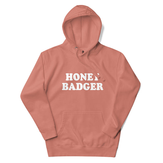 Dusty Orange Honey Badger Hoodie from Nina's Funky Shop by ninanush - Do you love honey badgers? Looking for a funny gift for a friend? Our Colorful Honey Badger Hoodie is soft, comfortable and just what you need. It's a unisex badger lover hoodie that comes in a variety of colors with "Honey Badger", expertly printed on the front. A funny hoodie for honey badger enthusiasts. 