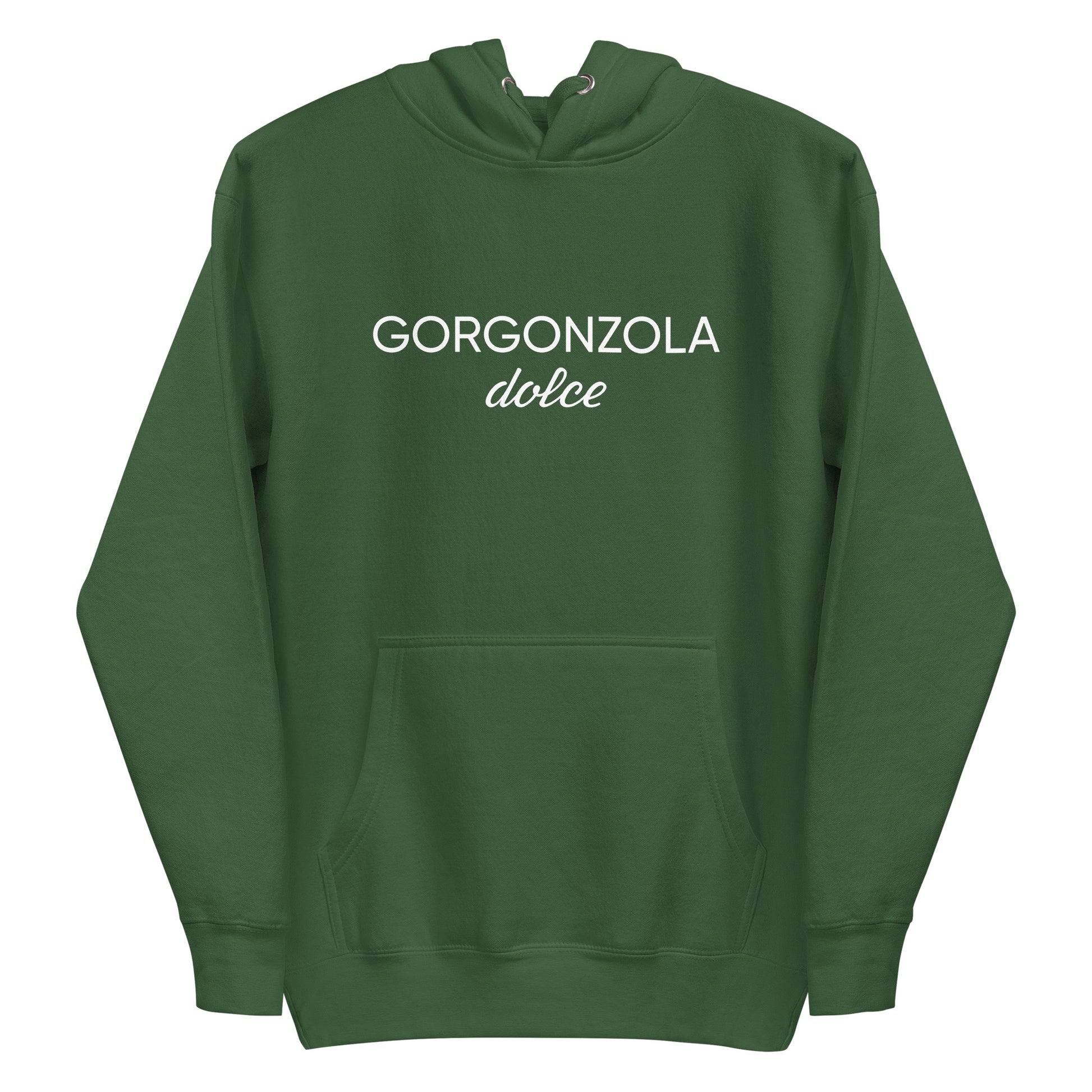 Green  Gorgonzola Dolce Hoodie from Nina's Funky Shop by ninanush - Love Gorgonzola? Looking for a funny Foodie Gift? Our Gorgonzola Dolce Hoodie is soft, comfortable and just what you need. It's a unisex hoodie that comes in a variety of colors with "Gorgonzola Dolce" on the front. A funny foodie hoodie for cozy nights in or funky stand out streetwear for Gorgonzola aficionados.