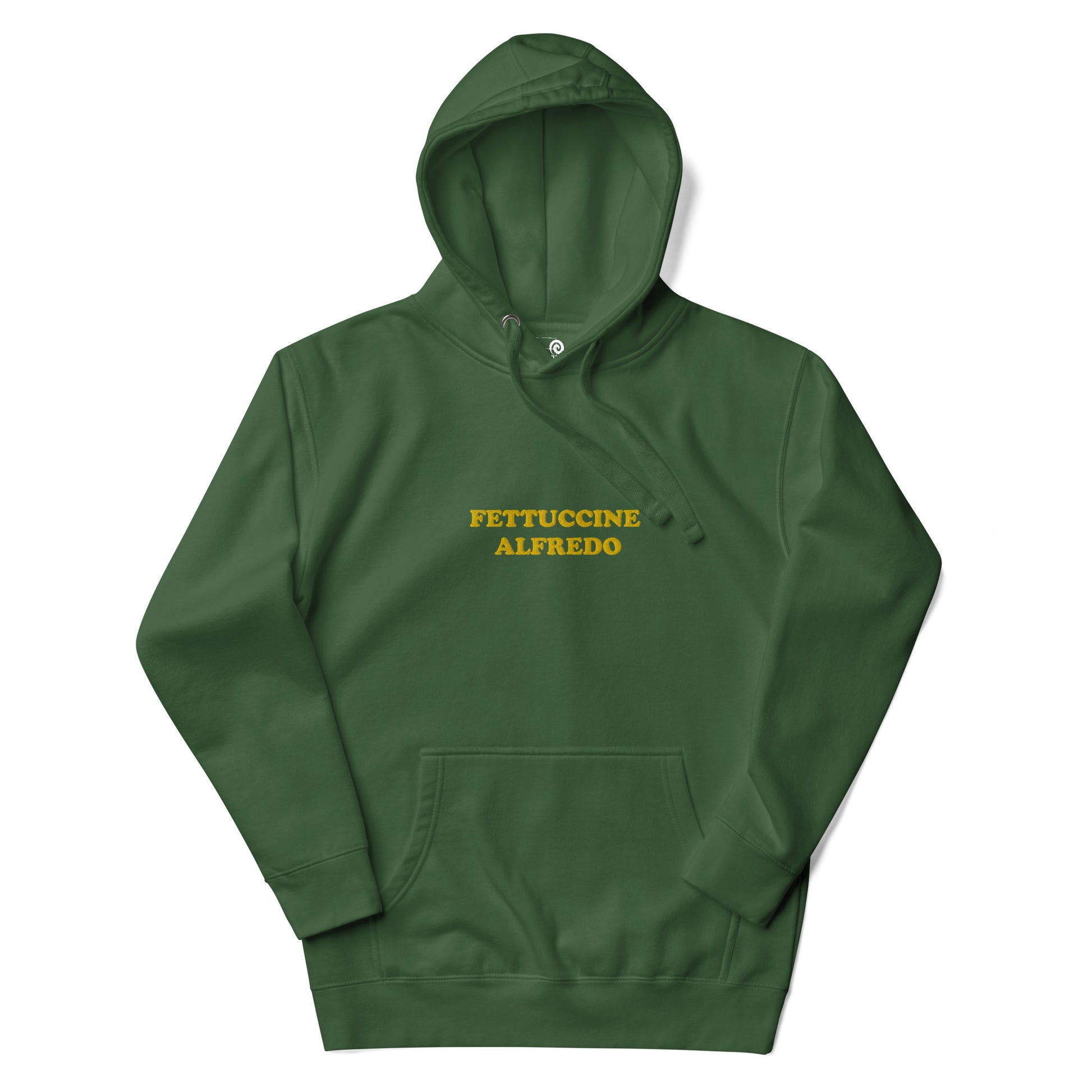 Green sweatshirt with Yellow Fettuccine Alfredo Embroidery from Nina's Funky Shop - Do you love fettuccine Alfredo? Looking for a funny gift for a fettuccine enthusiast? Our Colorful Fettuccine Alfredo Hoodie is just what you need. It's a unisex hoodie with "Fettuccine Alfredo", expertly embroidered on the front. A funny hoodie for cozy nights in or quirky everyday streetwear. 