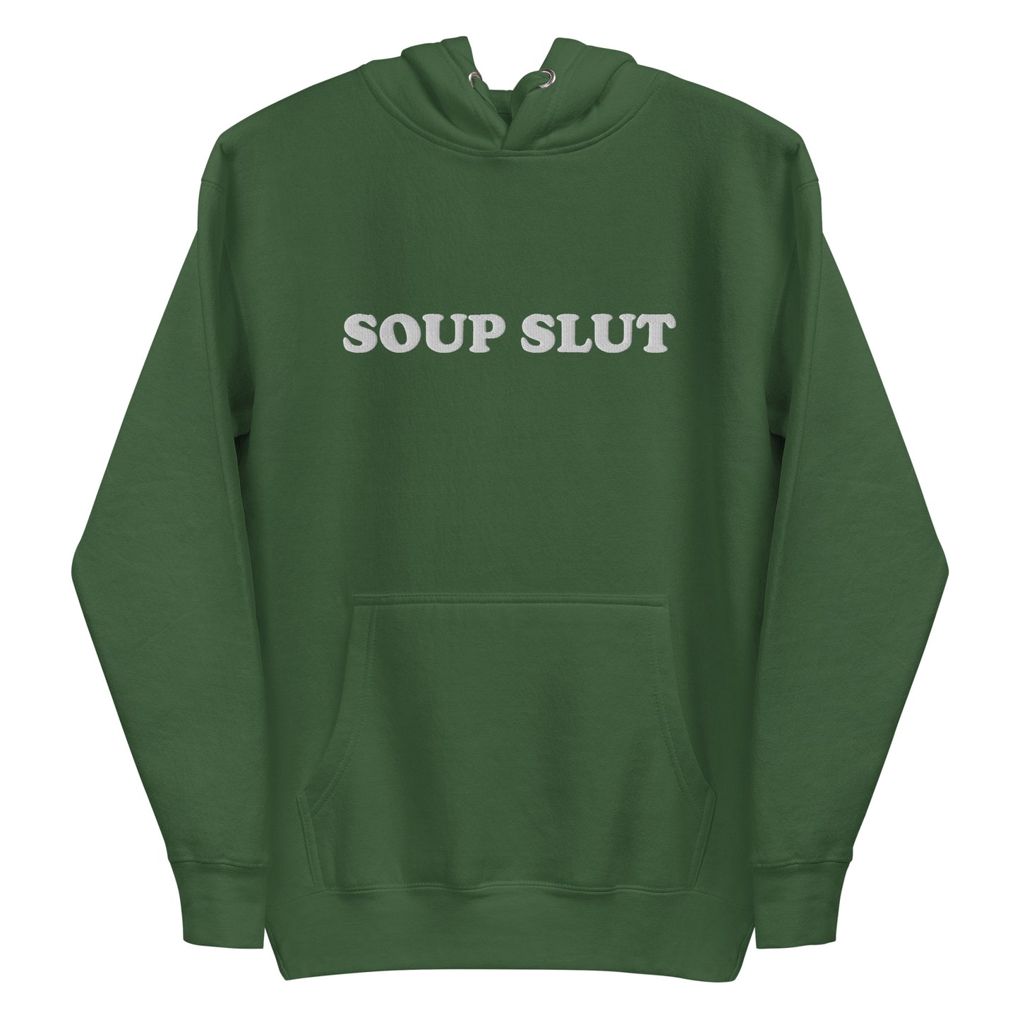 Gray Soup Slut Hoodie - It's always soup season! This Soup Slut Hoodie is soft, comfortable and just what you need. It's a unisex hoodie that comes in a variety of colors with "Soup Slut", expertly embroidered on the front. It's the perfect hoodie for soup season, designed by Nina and made just for you. Celebrate your favorite foods in our funky foodie clothing and accessories!