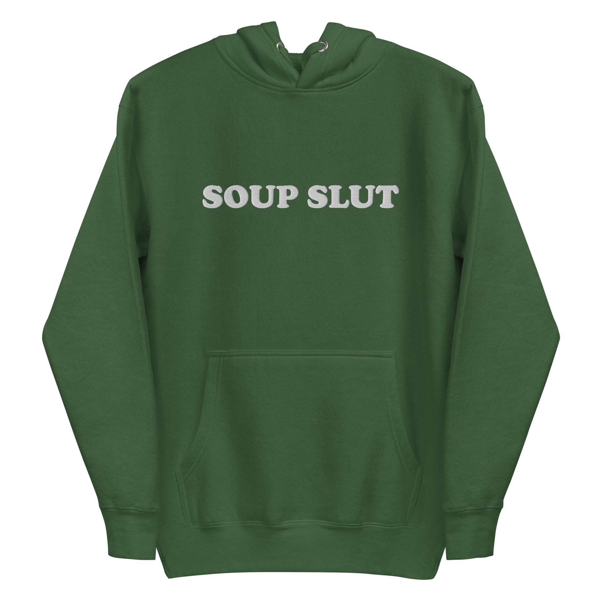 Gray Soup Slut Hoodie - It's always soup season! This Soup Slut Hoodie is soft, comfortable and just what you need. It's a unisex hoodie that comes in a variety of colors with "Soup Slut", expertly embroidered on the front. It's the perfect hoodie for soup season, designed by Nina and made just for you. Celebrate your favorite foods in our funky foodie clothing and accessories!